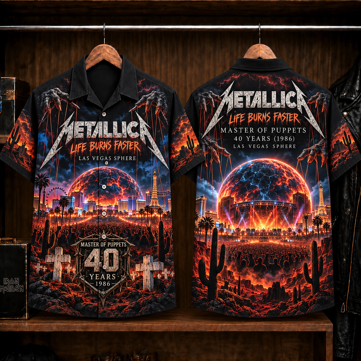 Metallica Master of Puppets 40th Anniversary Hawaiian Shirt, Life Burns Faster Las Vegas Sphere Shirt, Heavy Metal Concert Button Up
