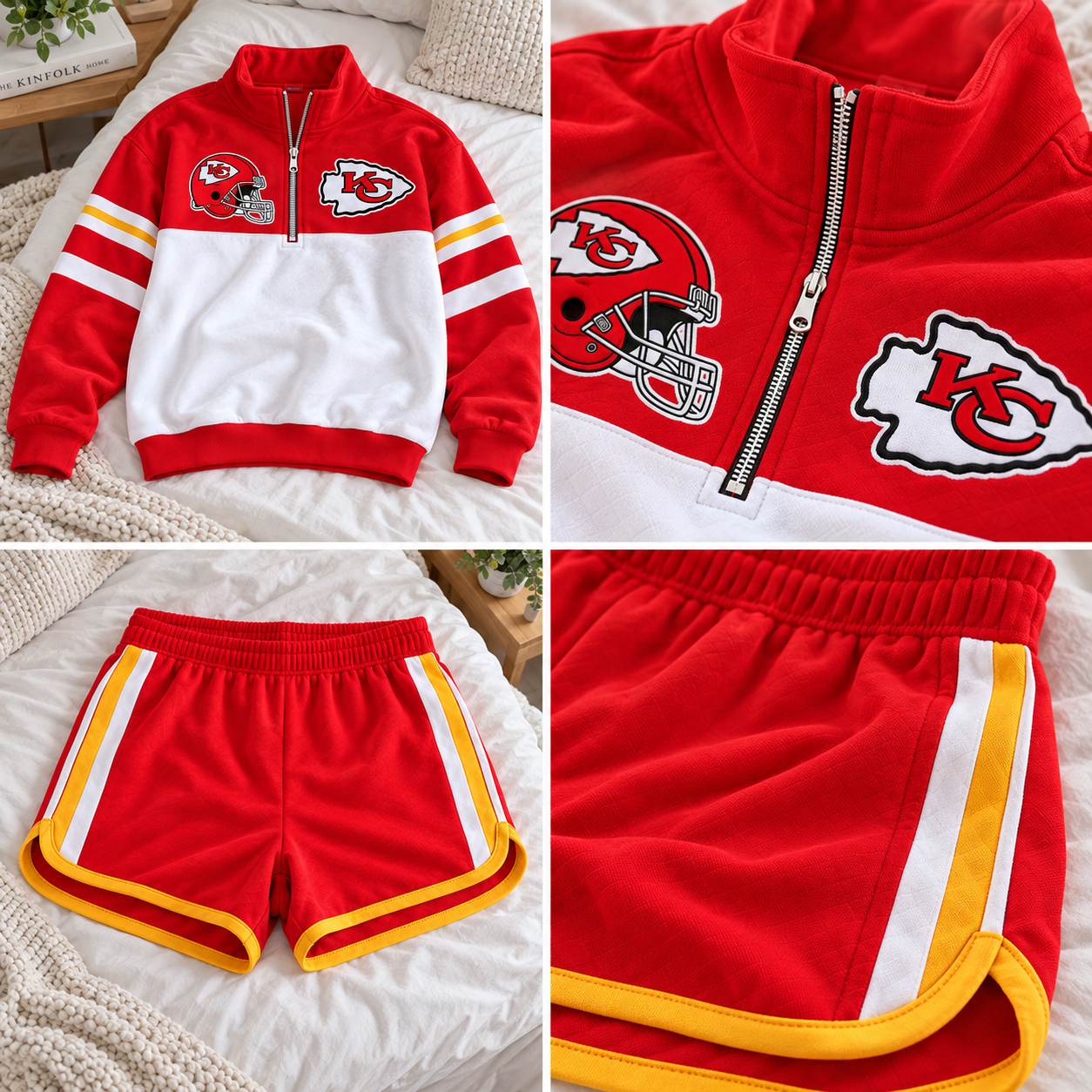 Kansas City Chiefs | Hello Kitty Cute Football Game Day Half Zip Pullover and Shorts Outfit Set