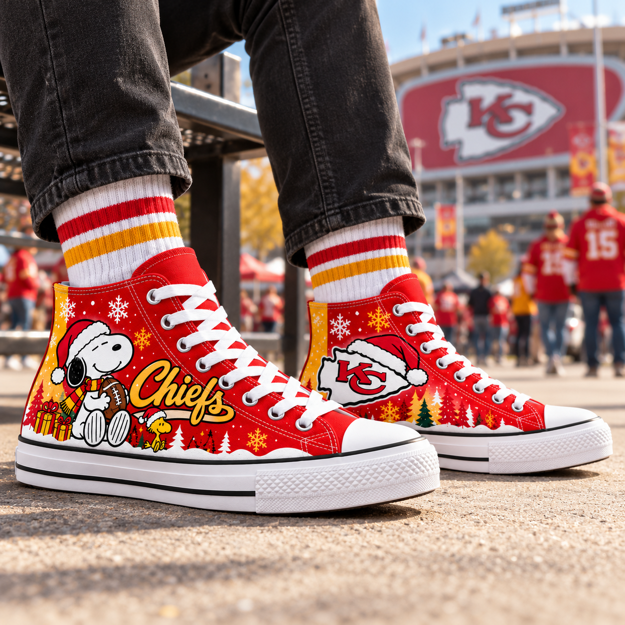 Kansas City Chiefs | Snoopy Woodstock Christmas Football High Top Canvas Sneakers