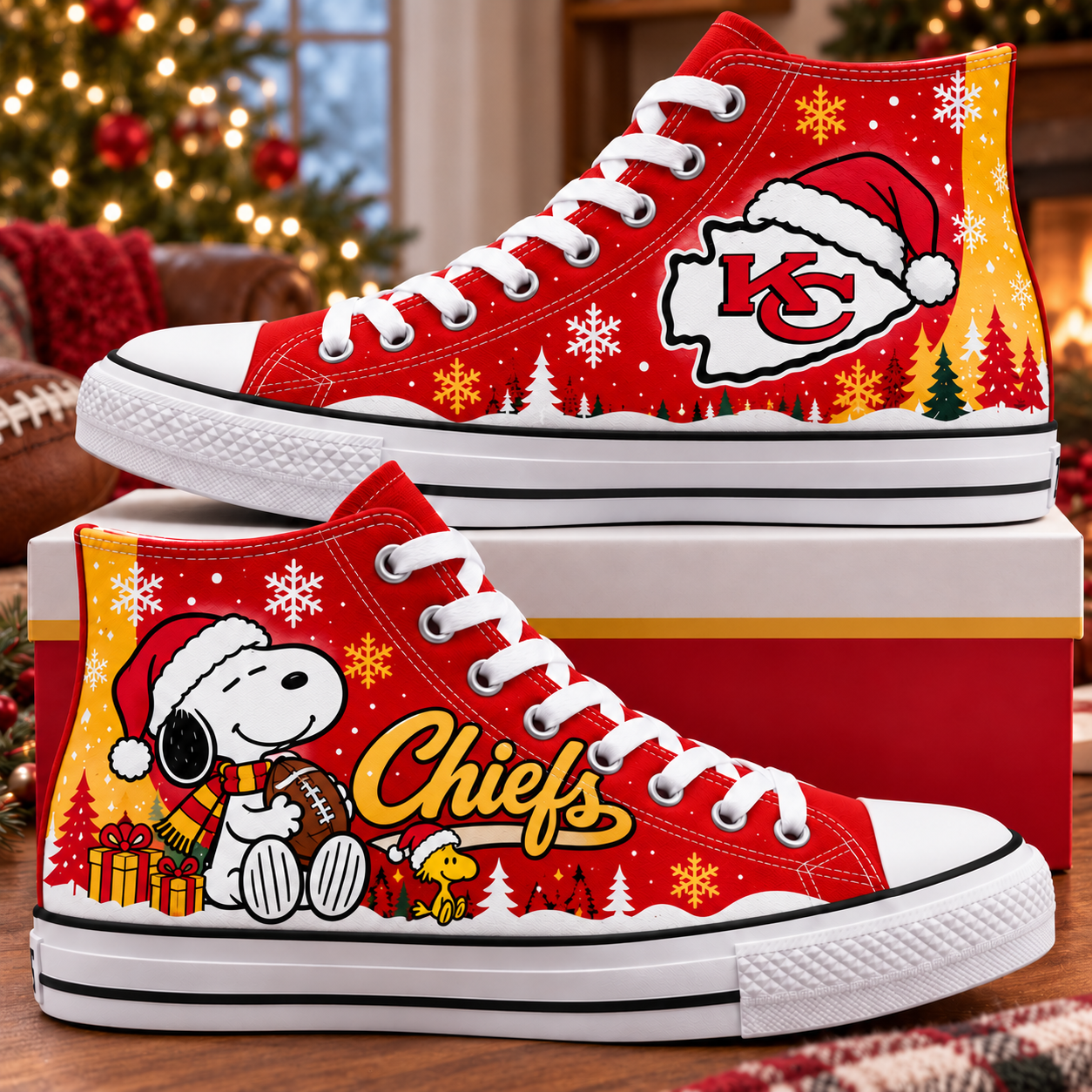 Kansas City Chiefs | Snoopy Woodstock Christmas Football High Top Canvas Sneakers