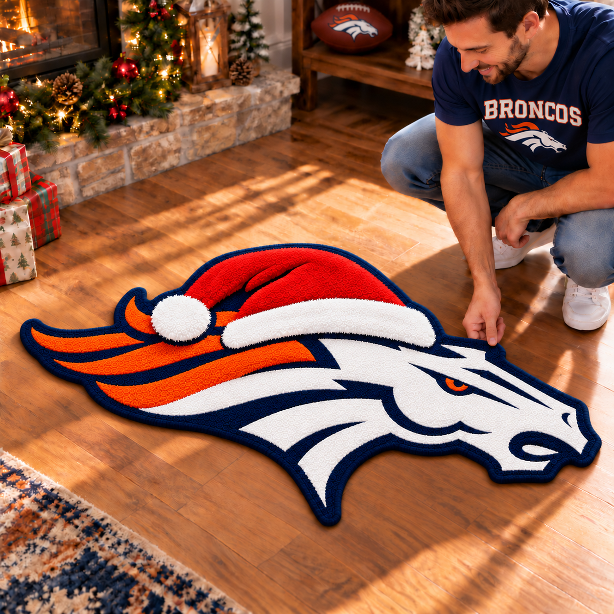 Denver Broncos | Football Christmas Santa Hat Logo Shaped Floor Mat Rug