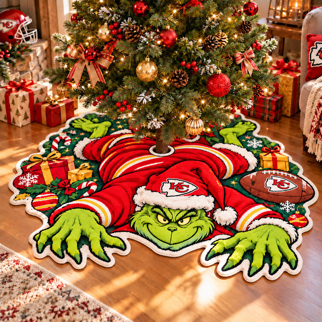 Kansas City Chiefs | Football Christmas Tree Skirt Green Monster Shaped Mat Rug