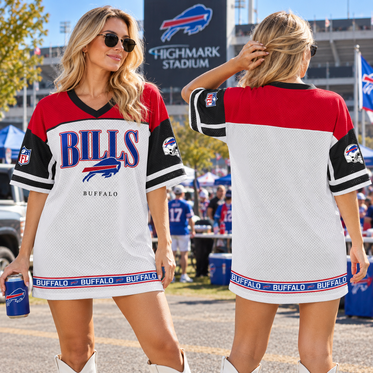 Buffalo Bills | Women Football Game Day Tailgate Fan Apparel Colorblock Mesh V-Neck Jersey