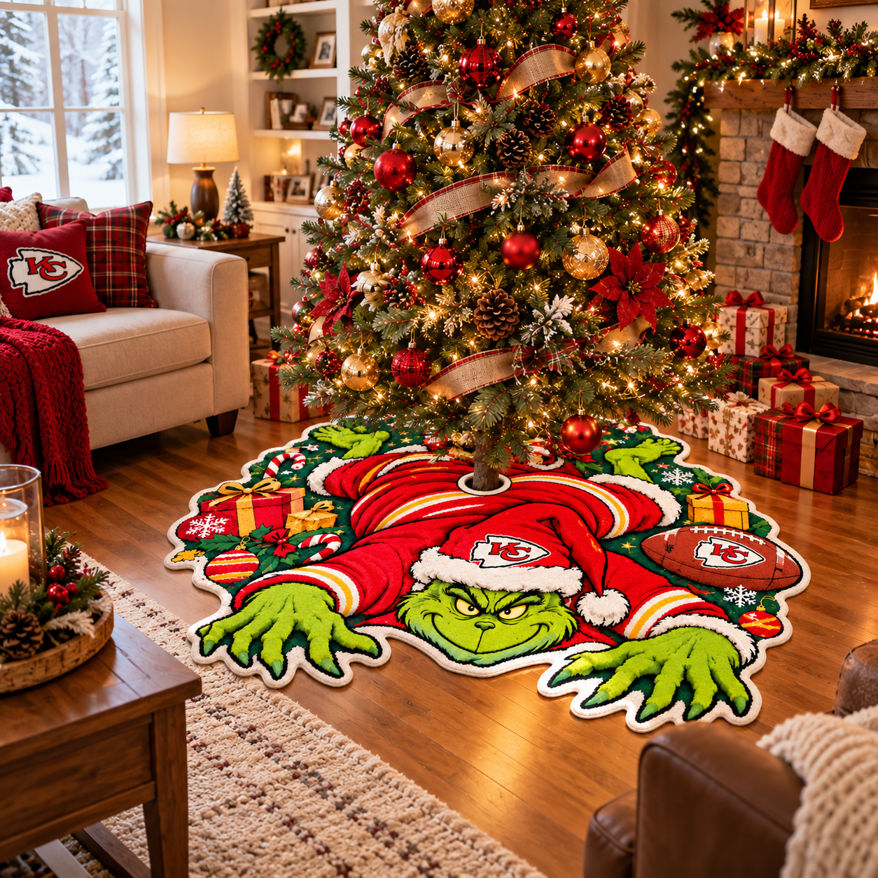 Kansas City Chiefs | Football Christmas Tree Skirt Green Monster Shaped Mat Rug