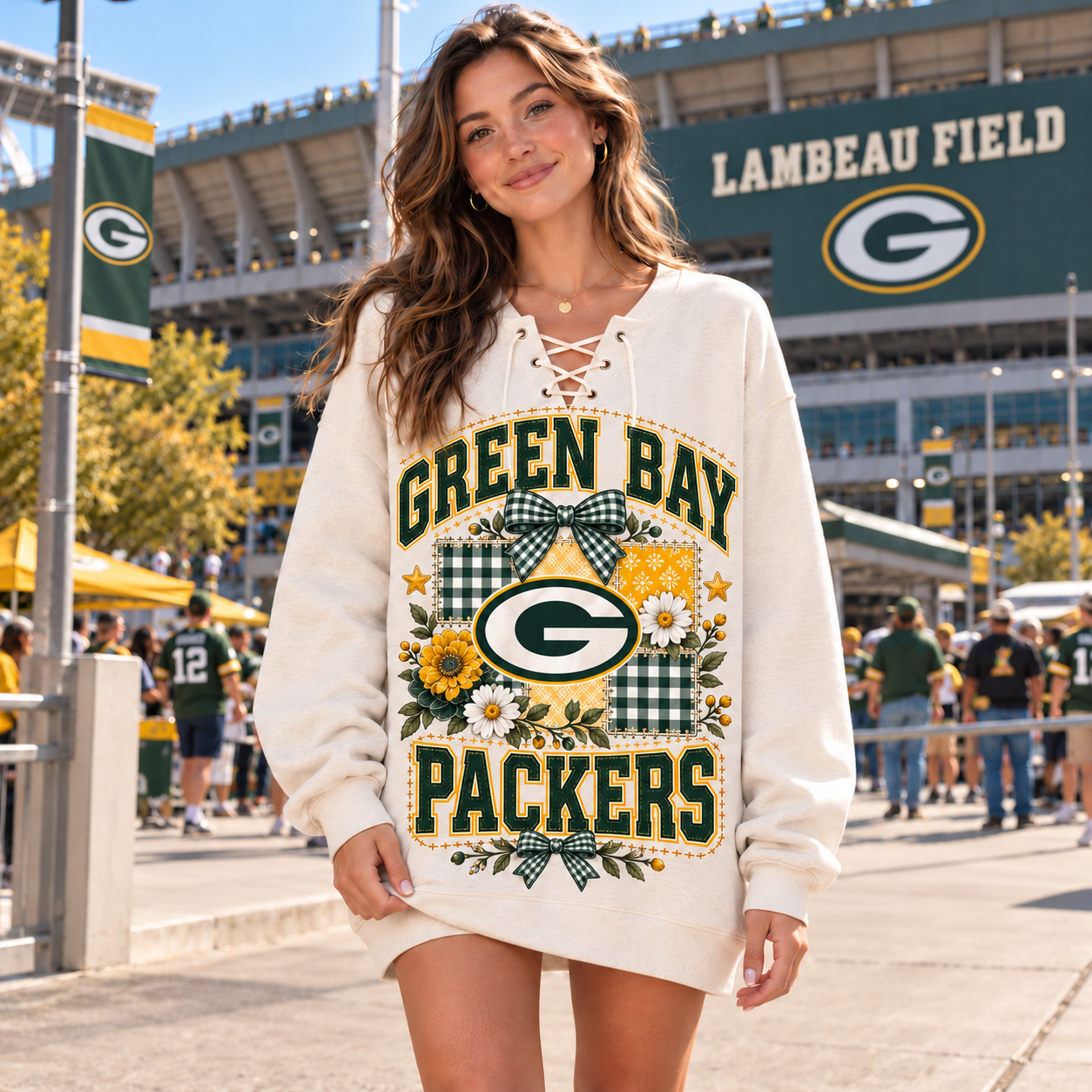 Green Bay Packers | Women Football Game Day Floral Bow Lace-Up Longline Sweatshirt
