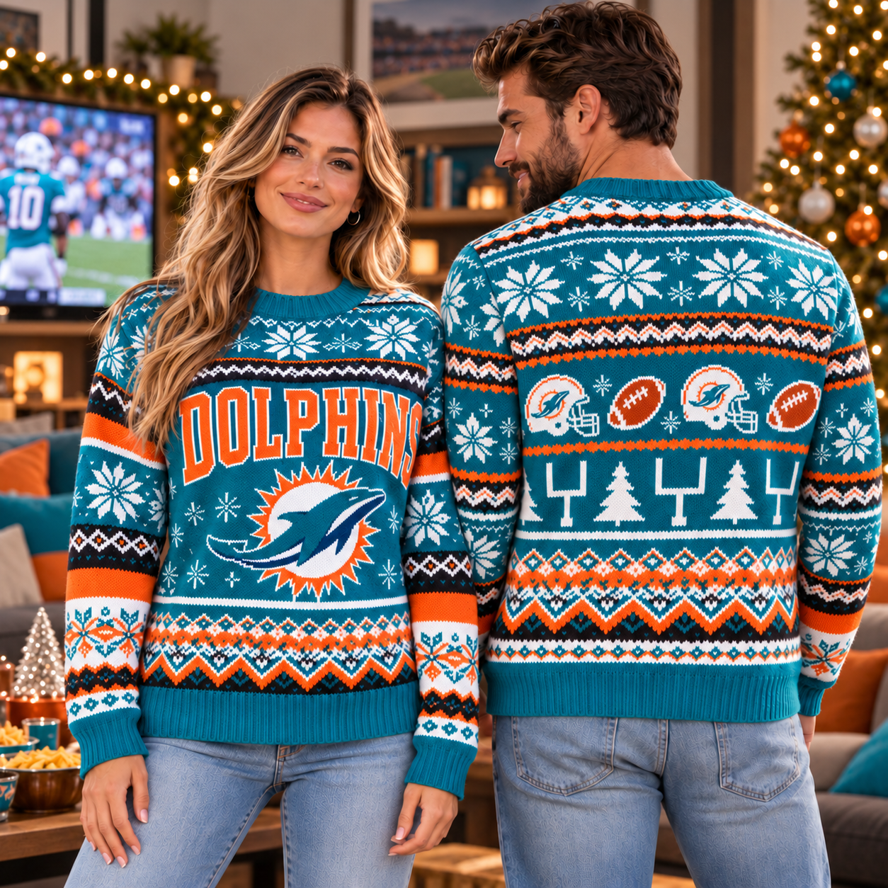 Miami Dolphins | Football Game Day Ugly Christmas Unisex Sweater Snowflake Knit Pullover