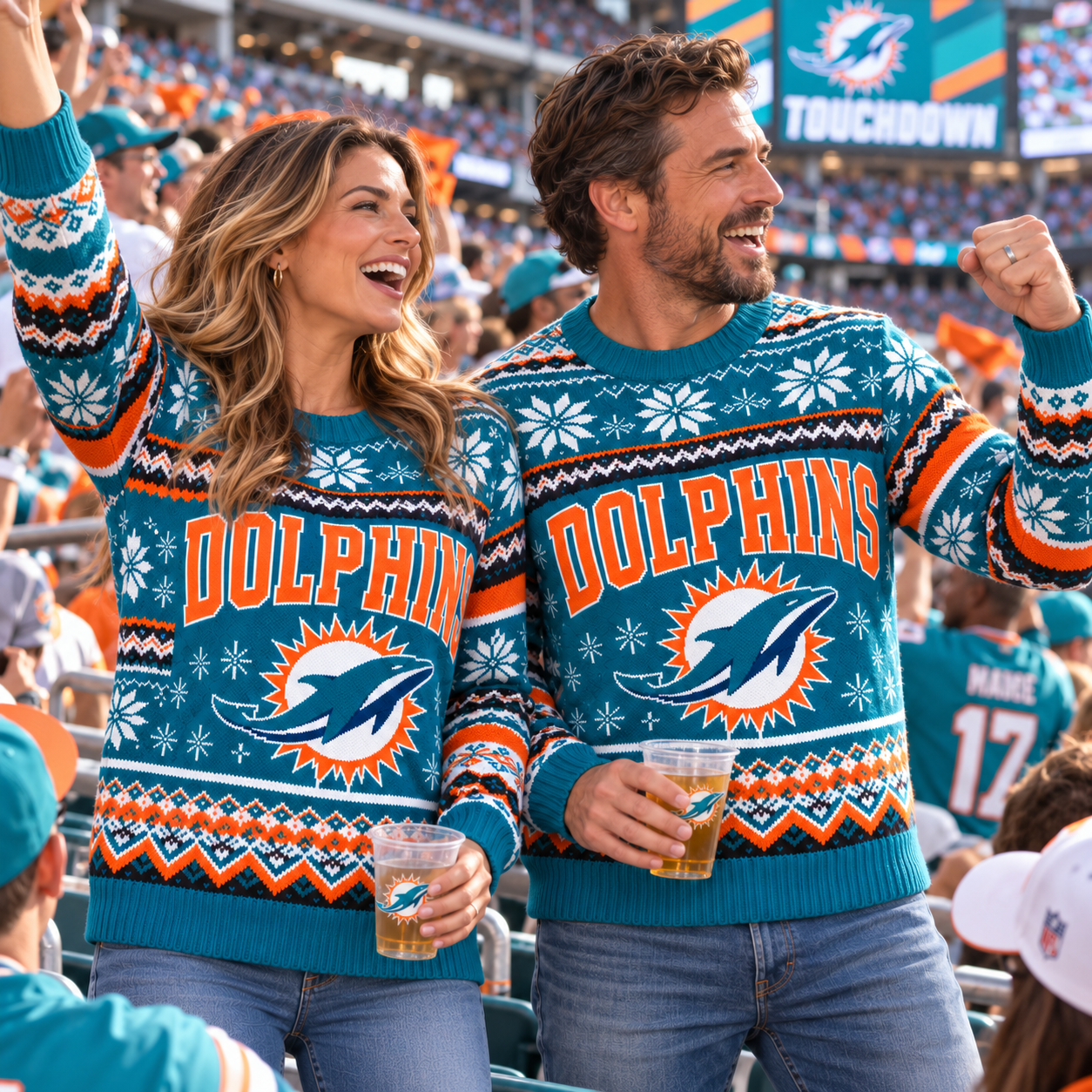 Miami Dolphins | Football Game Day Ugly Christmas Unisex Sweater Snowflake Knit Pullover