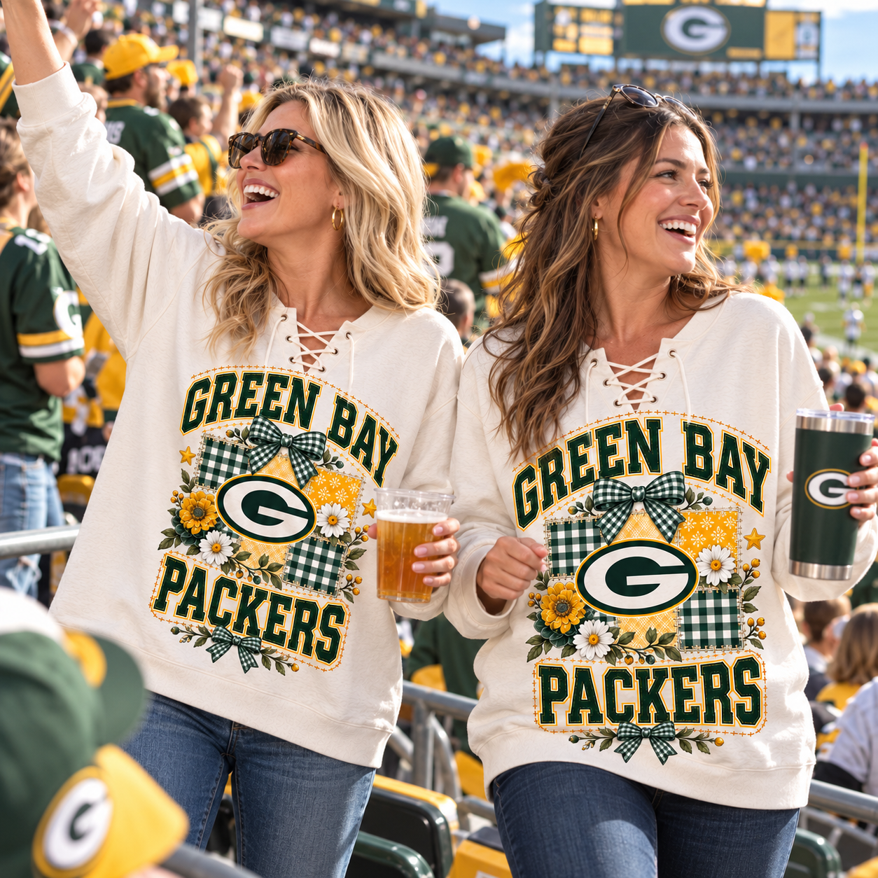 Green Bay Packers | Women Football Game Day Floral Bow Lace-Up Longline Sweatshirt