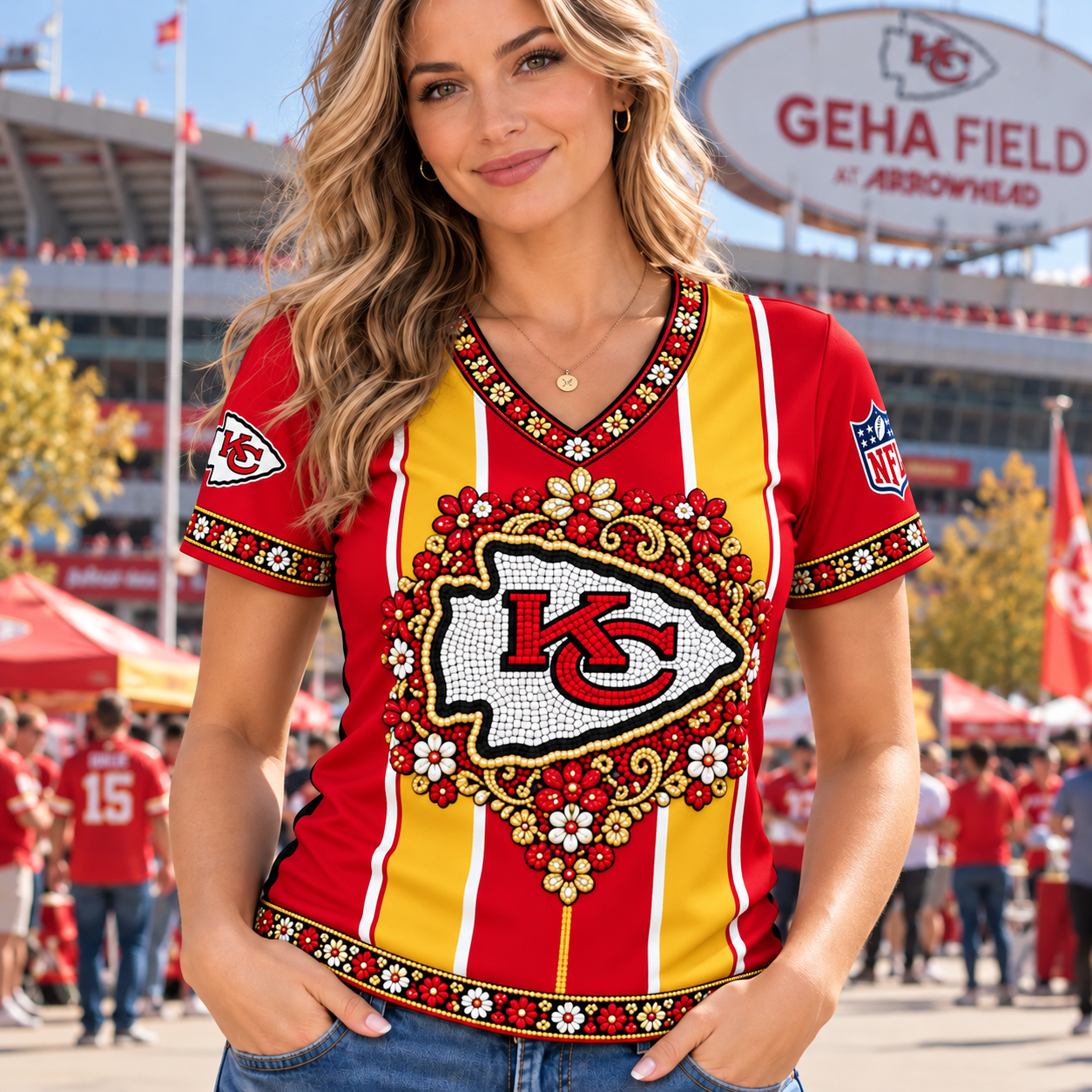 Kansas City Chiefs | Women Football Game Day Beaded Effect Graphic V-Neck T-Shirt