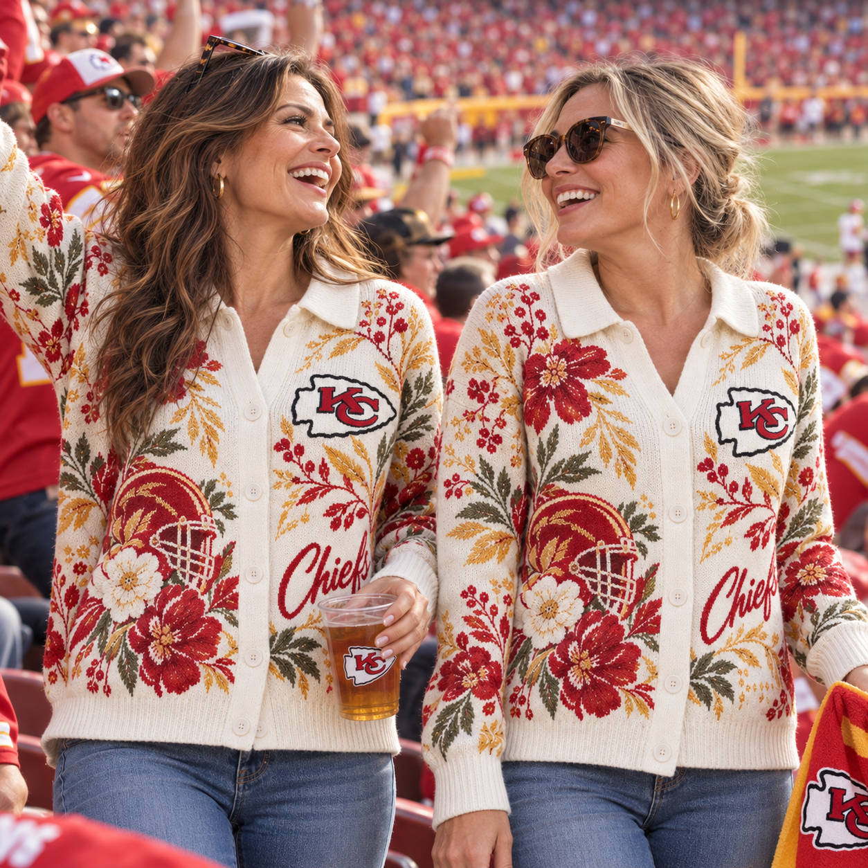 Kansas City Chiefs | Women Football Game Day Fall Botanical Floral Knit Cardigan Sweater