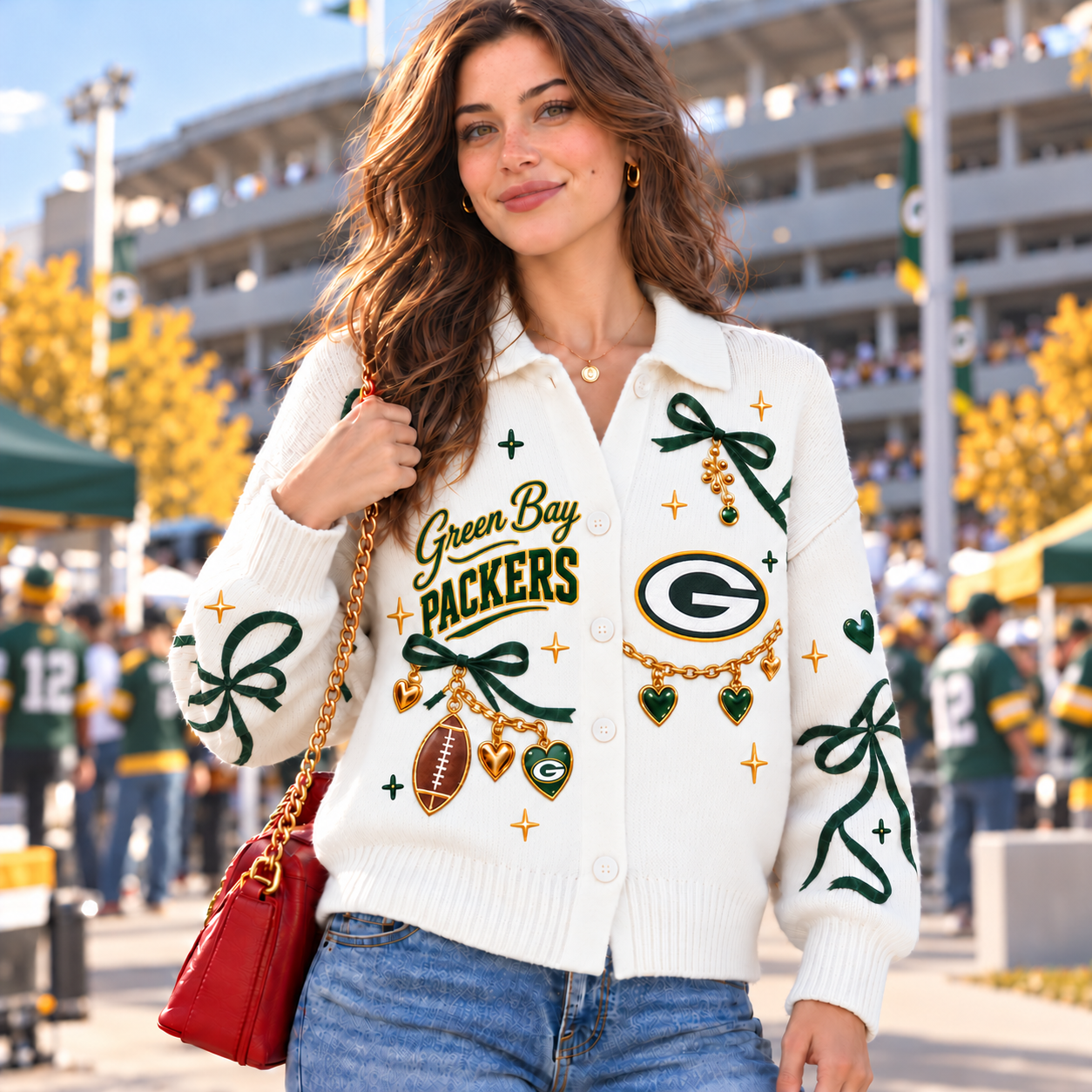 Green Bay Packers | Women Football Game Day Coquette Bow Knit Cardigan Sweater