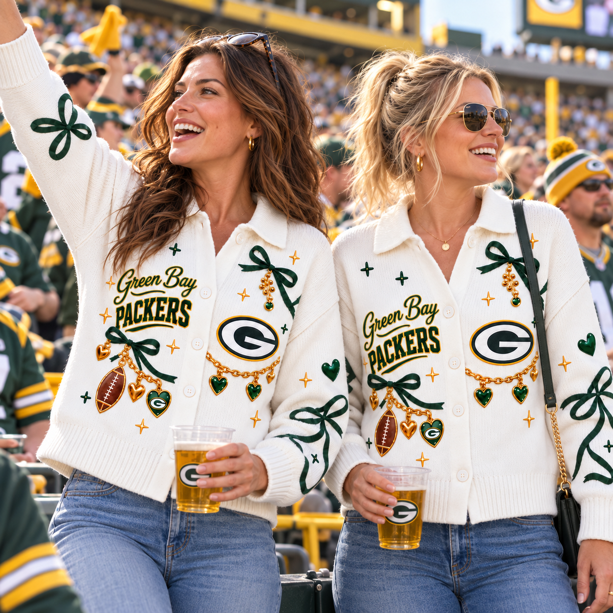 Green Bay Packers | Women Football Game Day Coquette Bow Knit Cardigan Sweater