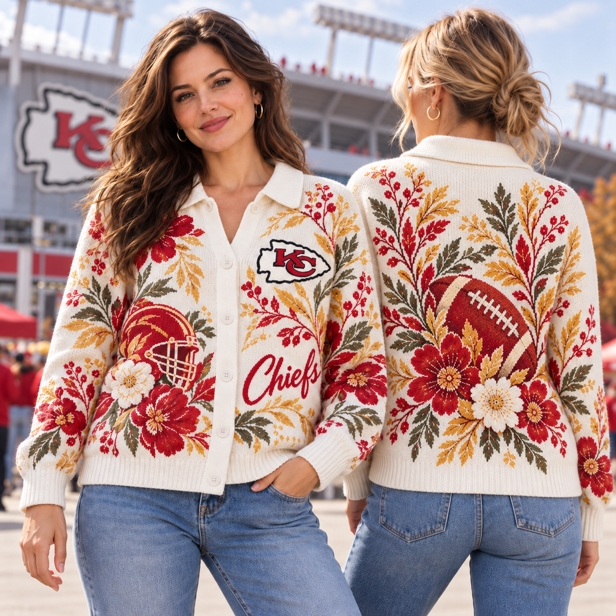 Kansas City Chiefs | Women Football Game Day Fall Botanical Floral Knit Cardigan Sweater