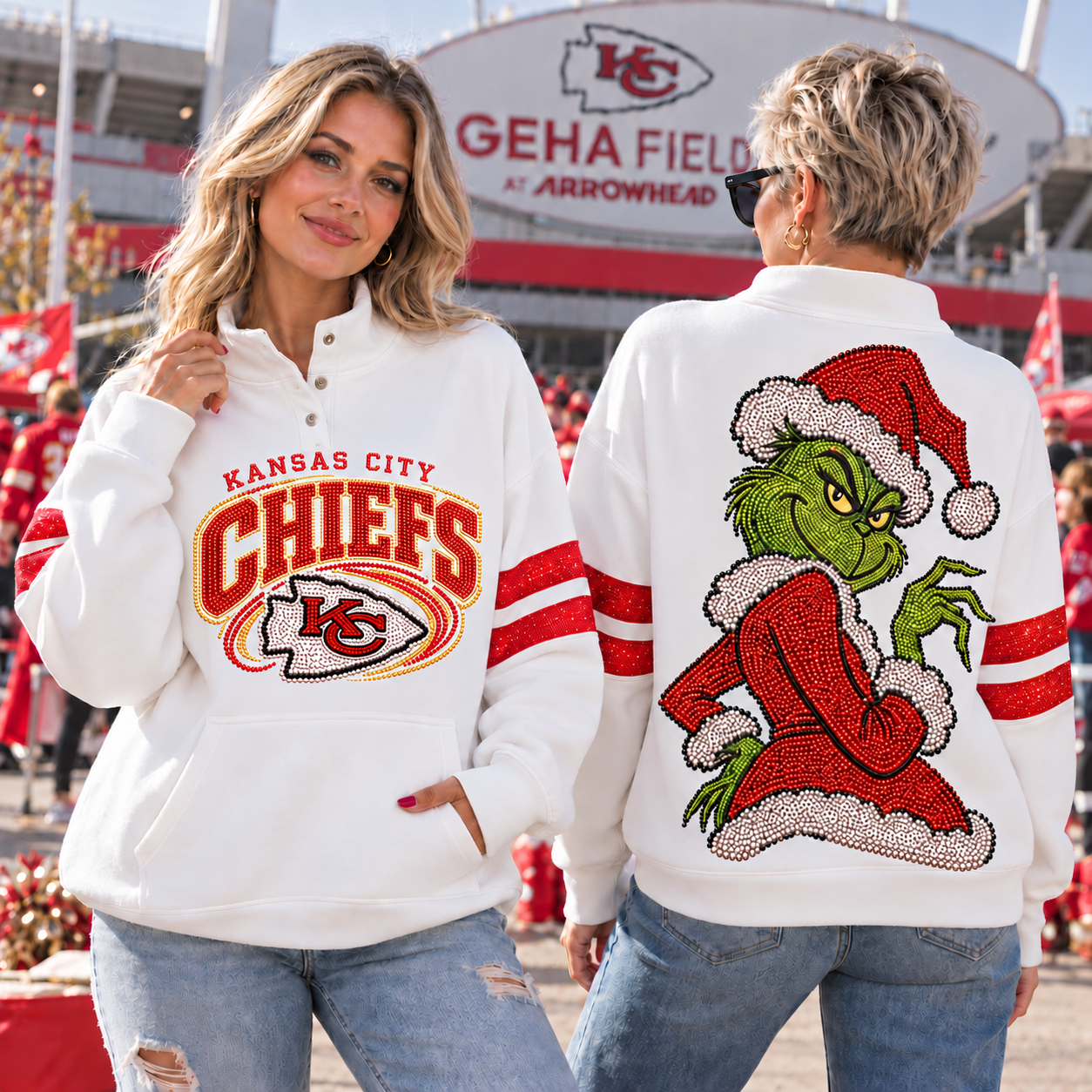 Kansas City Chiefs | Women Football Game Day Christmas Grinch Rhinestone Graphic Snap Collar Sweatshirt