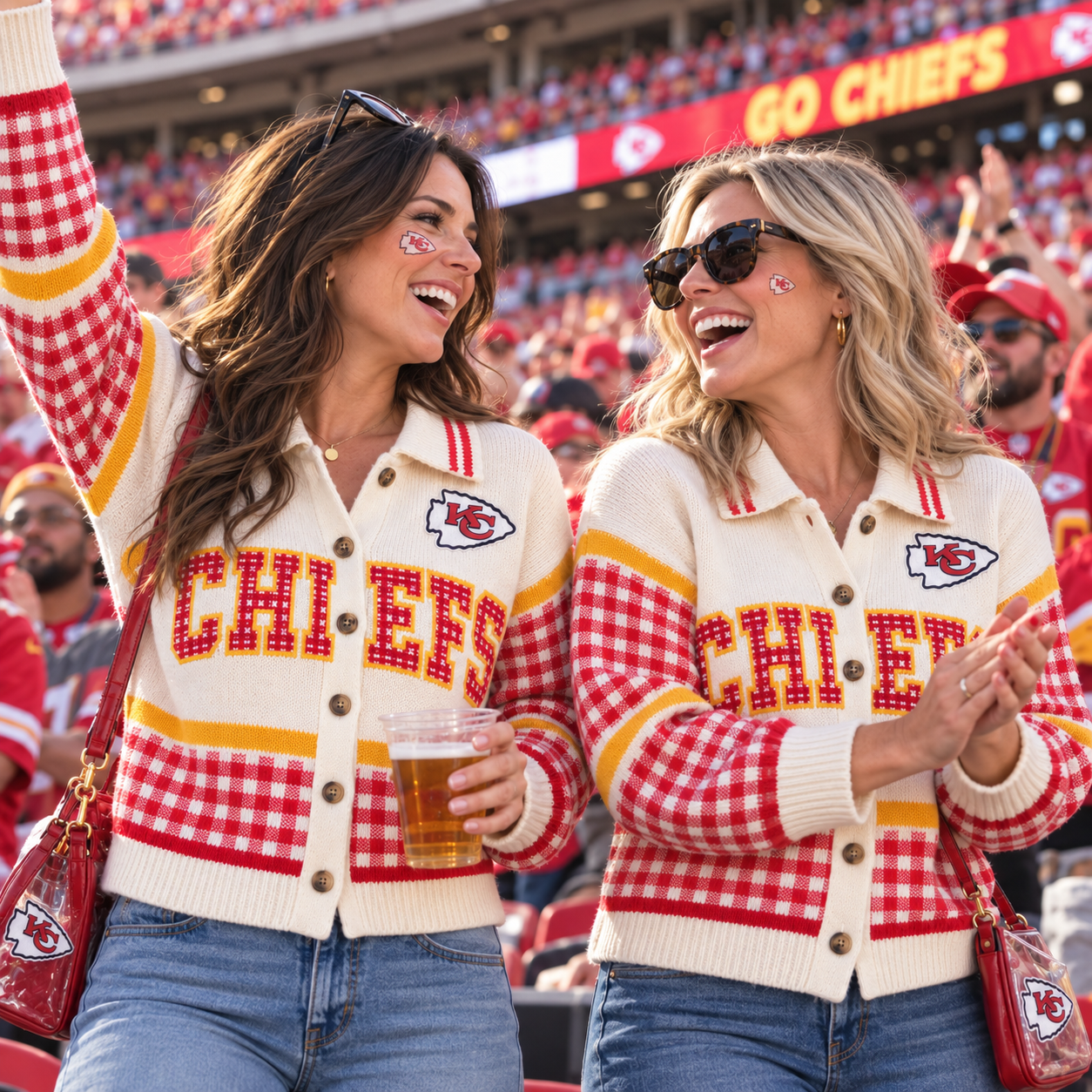 Kansas City Chiefs | Women Football Game Day Plaid Gingham Knit Cardigan Sweater