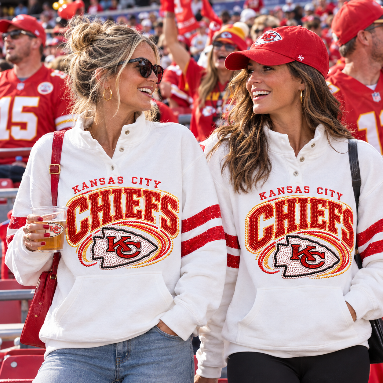 Kansas City Chiefs | Women Football Game Day Christmas Grinch Rhinestone Graphic Snap Collar Sweatshirt