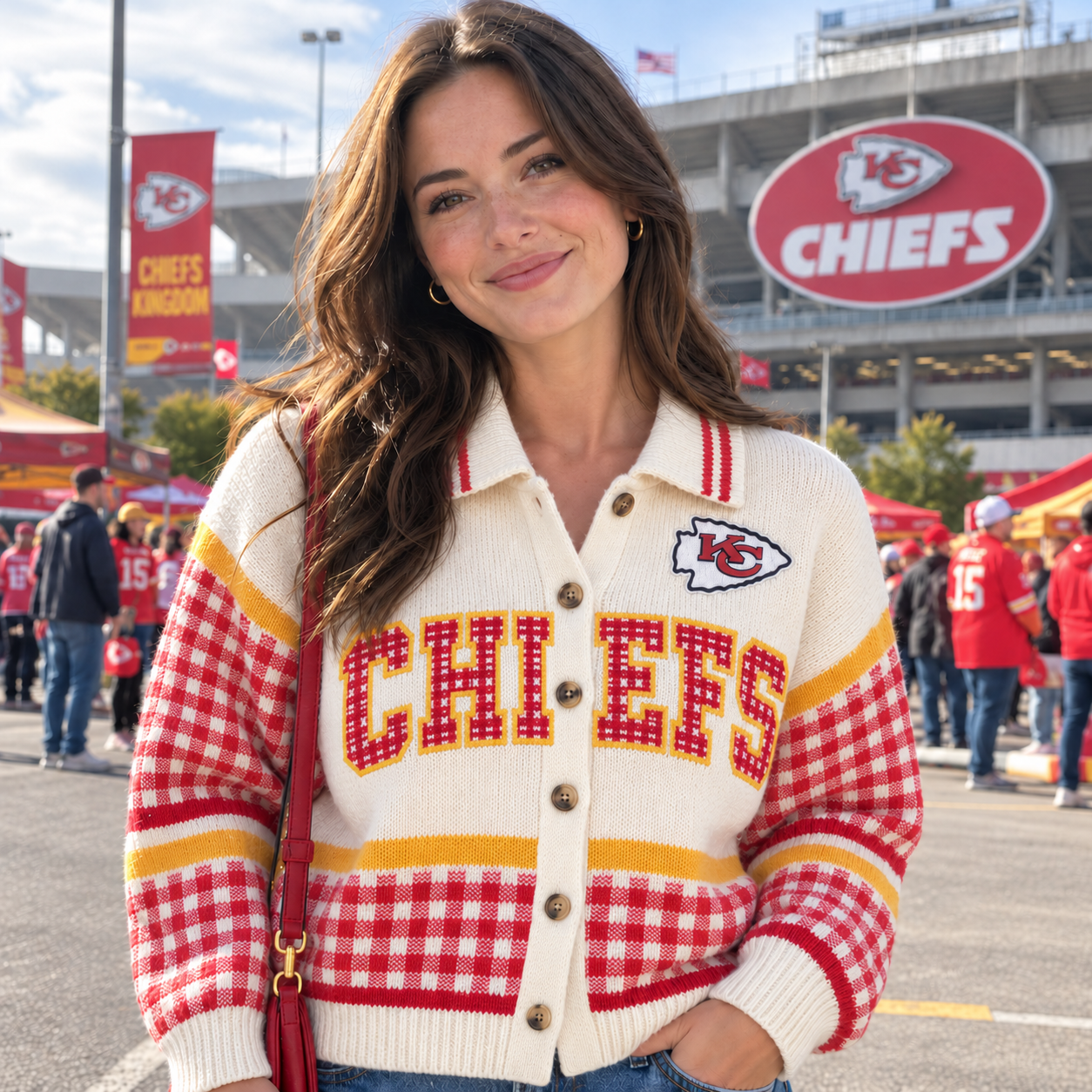Kansas City Chiefs | Women Football Game Day Plaid Gingham Knit Cardigan Sweater
