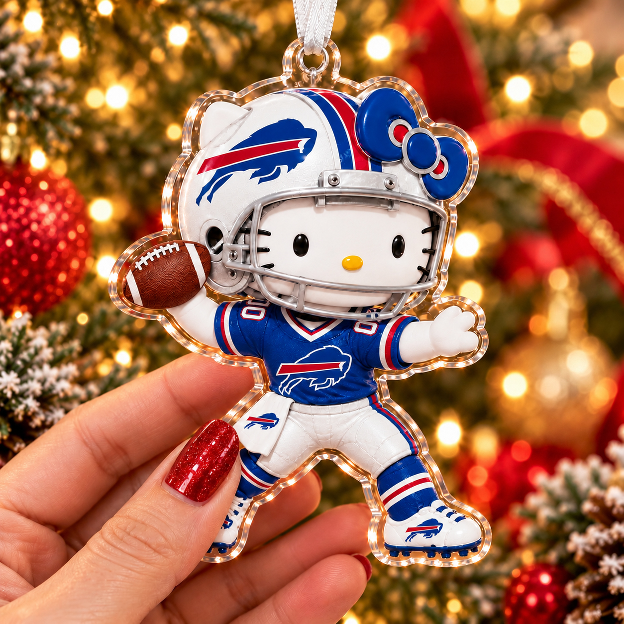 Buffalo Bills Hello Kitty Christmas Ornament, Cute Football Acrylic Ornament, Bills Fan Holiday Gift, Kitty Sports Tree Decor