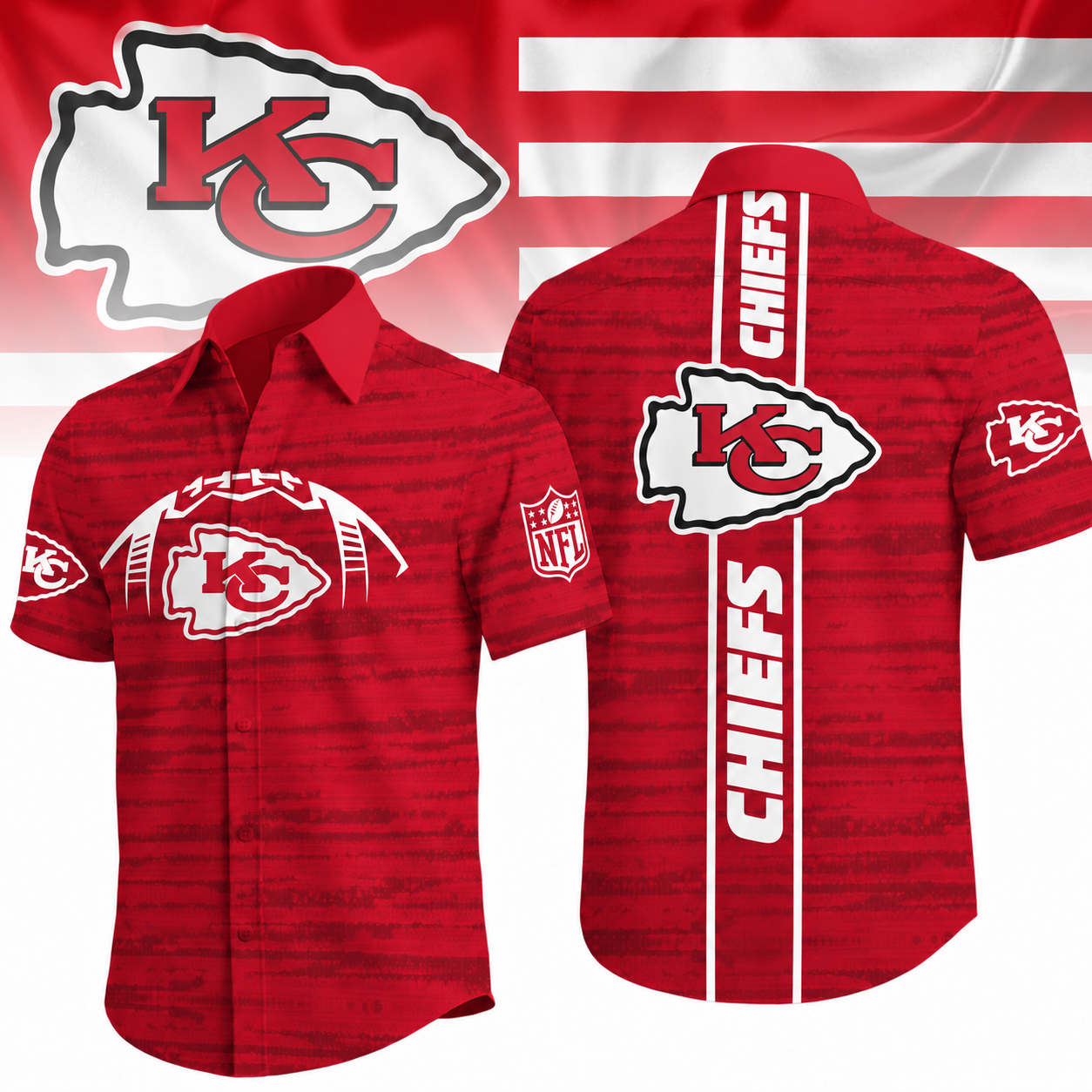 Kansas City Chiefs | Mens Football Game Day Vertical Stripe Short Sleeve Button Down Hawaiian Beach Shirt