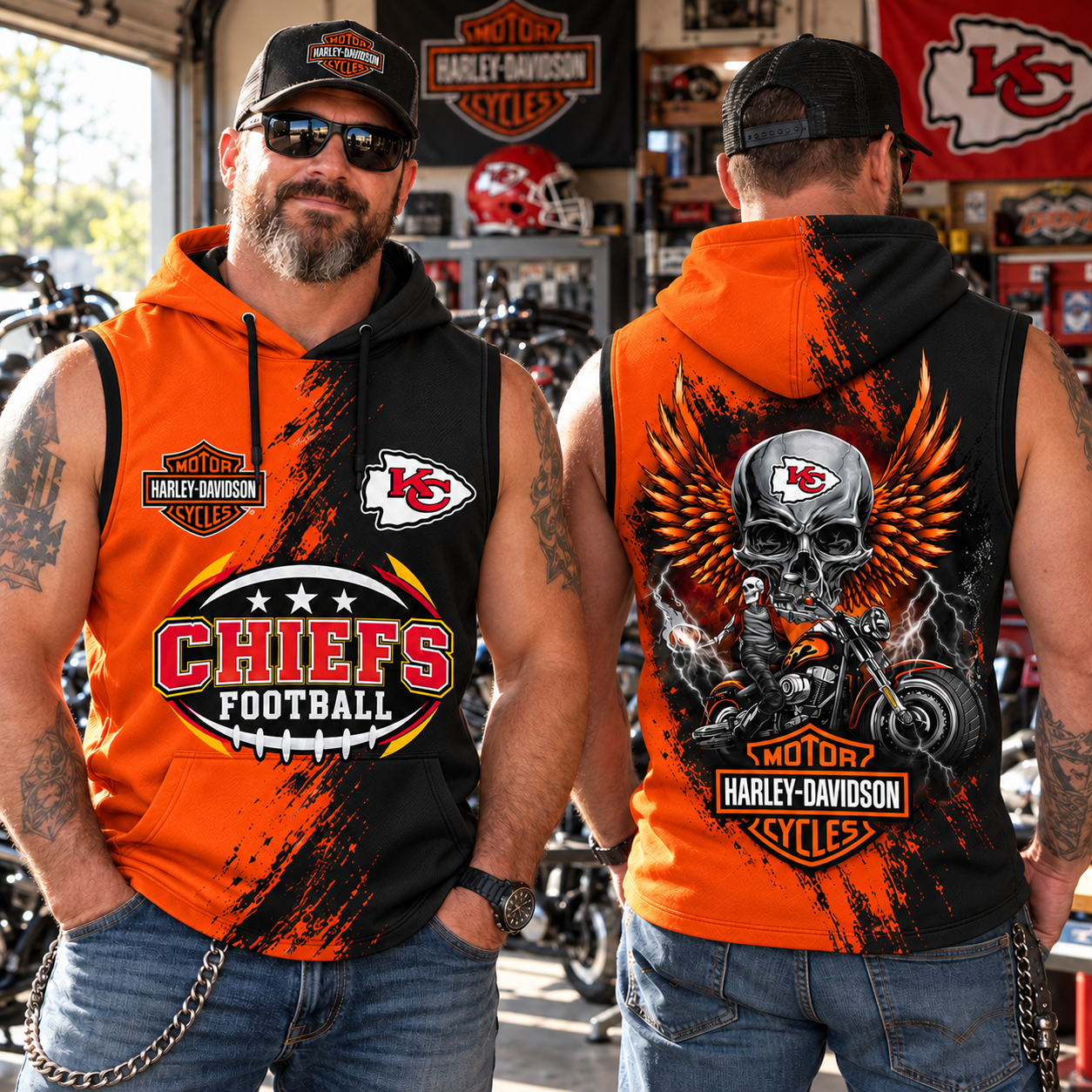 Kansas City Chiefs | Harley Football Biker Skull Graphic Sleeveless Pullover Game Day Hoodie
