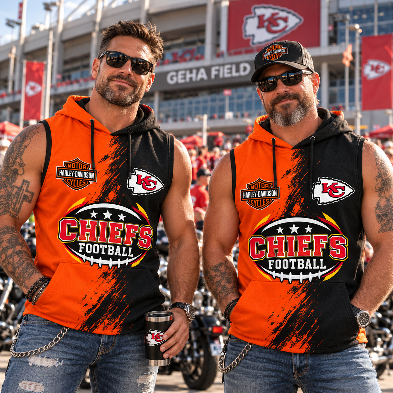 Kansas City Chiefs | Harley Football Biker Skull Graphic Sleeveless Pullover Game Day Hoodie
