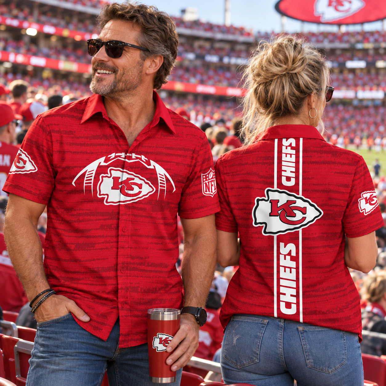 Kansas City Chiefs | Mens Football Game Day Vertical Stripe Short Sleeve Button Down Hawaiian Beach Shirt