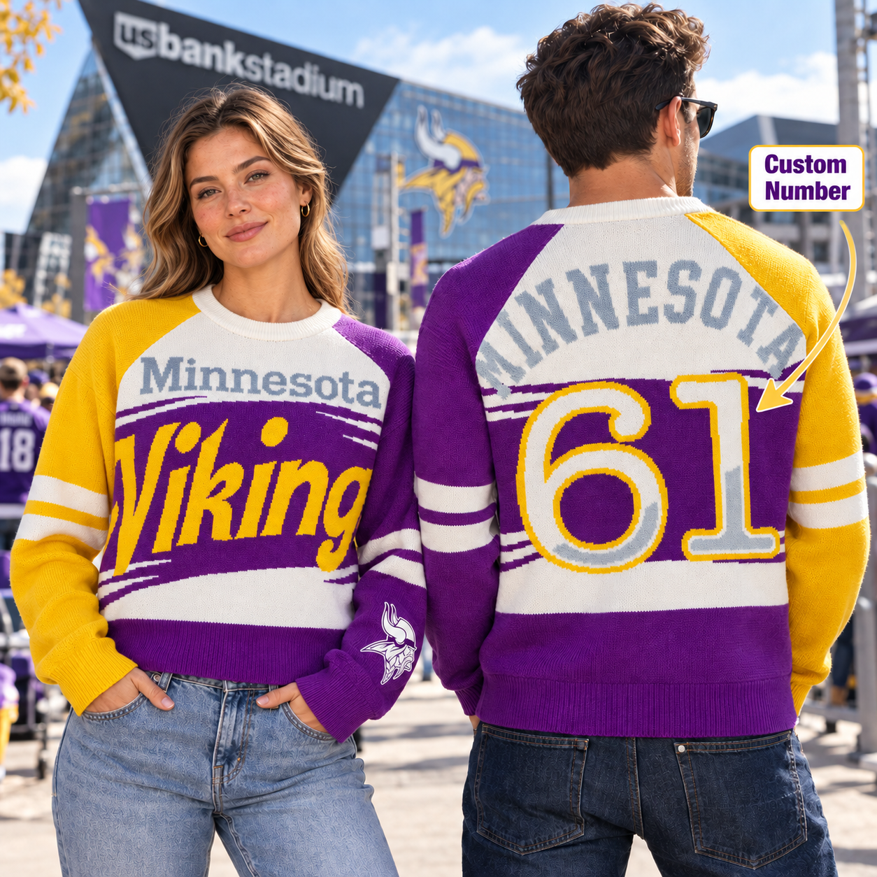 Minnesota Vikings | Custom Number Football Game Day Colorblock Knitted Sweater Pullover Shirt