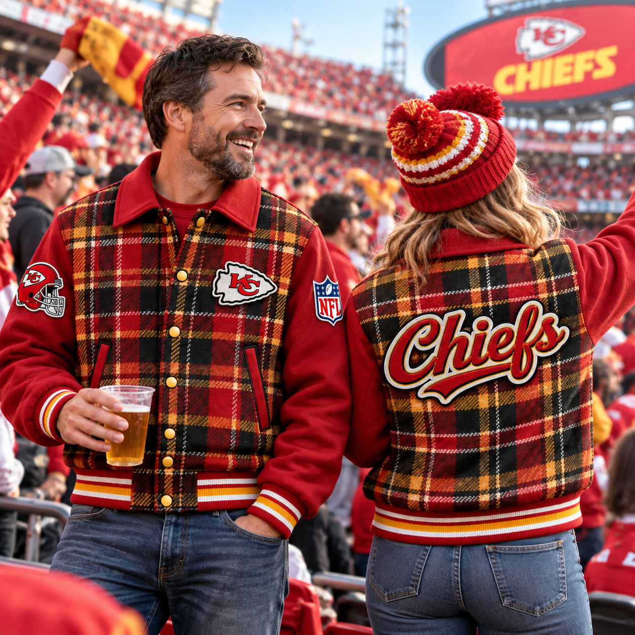 Kansas City Chiefs | Football Game Day Plaid Flannel Tartan Snap Front Varsity Letterman Jacket