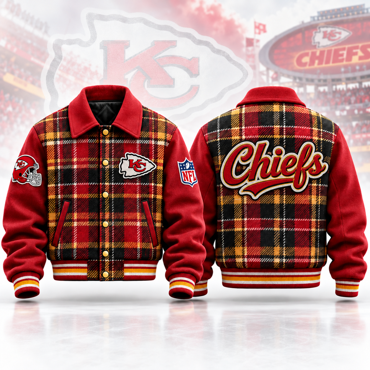 Kansas City Chiefs | Football Game Day Plaid Flannel Tartan Snap Front Varsity Letterman Jacket