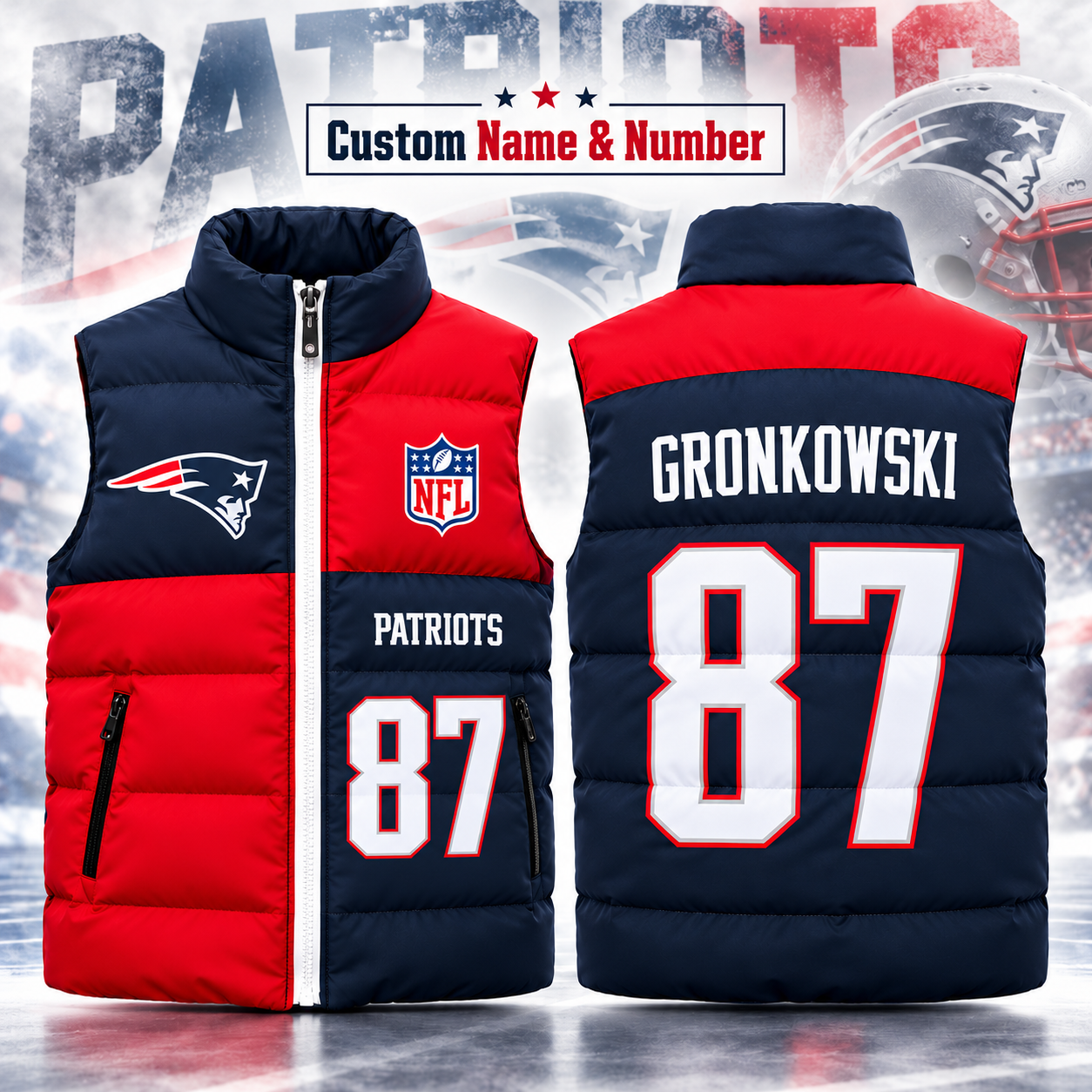 New England Patriots | Custom Name Number Football Game Day Quilted Winter Puffer Vest