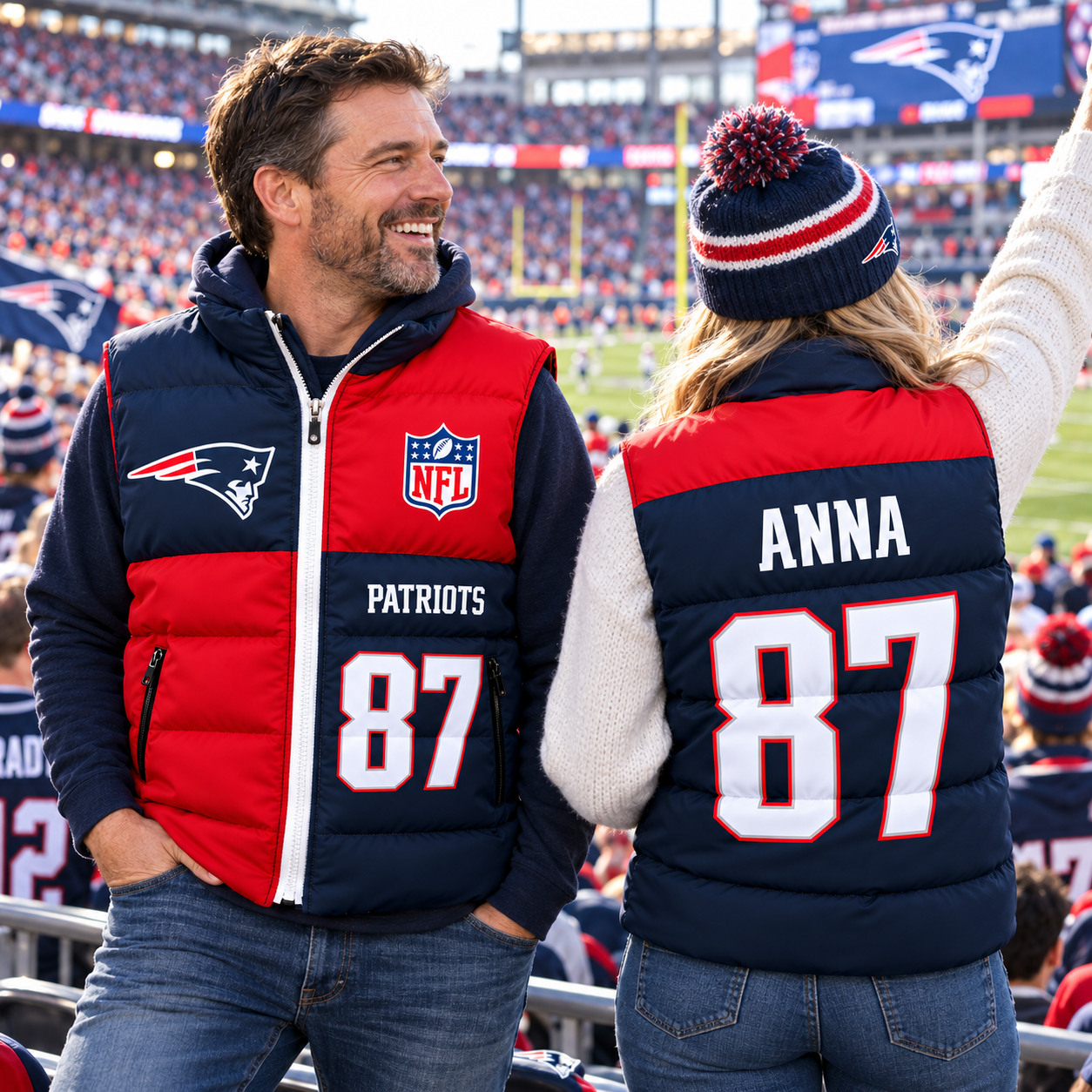New England Patriots | Custom Name Number Football Game Day Quilted Winter Puffer Vest
