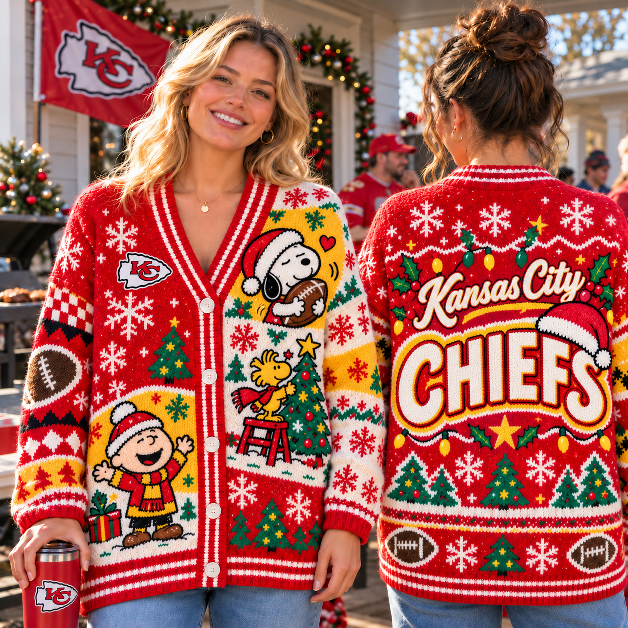 Kansas City Chiefs | Christmas Snoopy Peanuts Ugly Button Front Knit Cardigan Sweater
