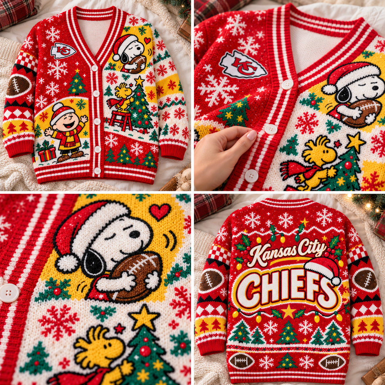 Kansas City Chiefs | Christmas Snoopy Peanuts Ugly Button Front Knit Cardigan Sweater