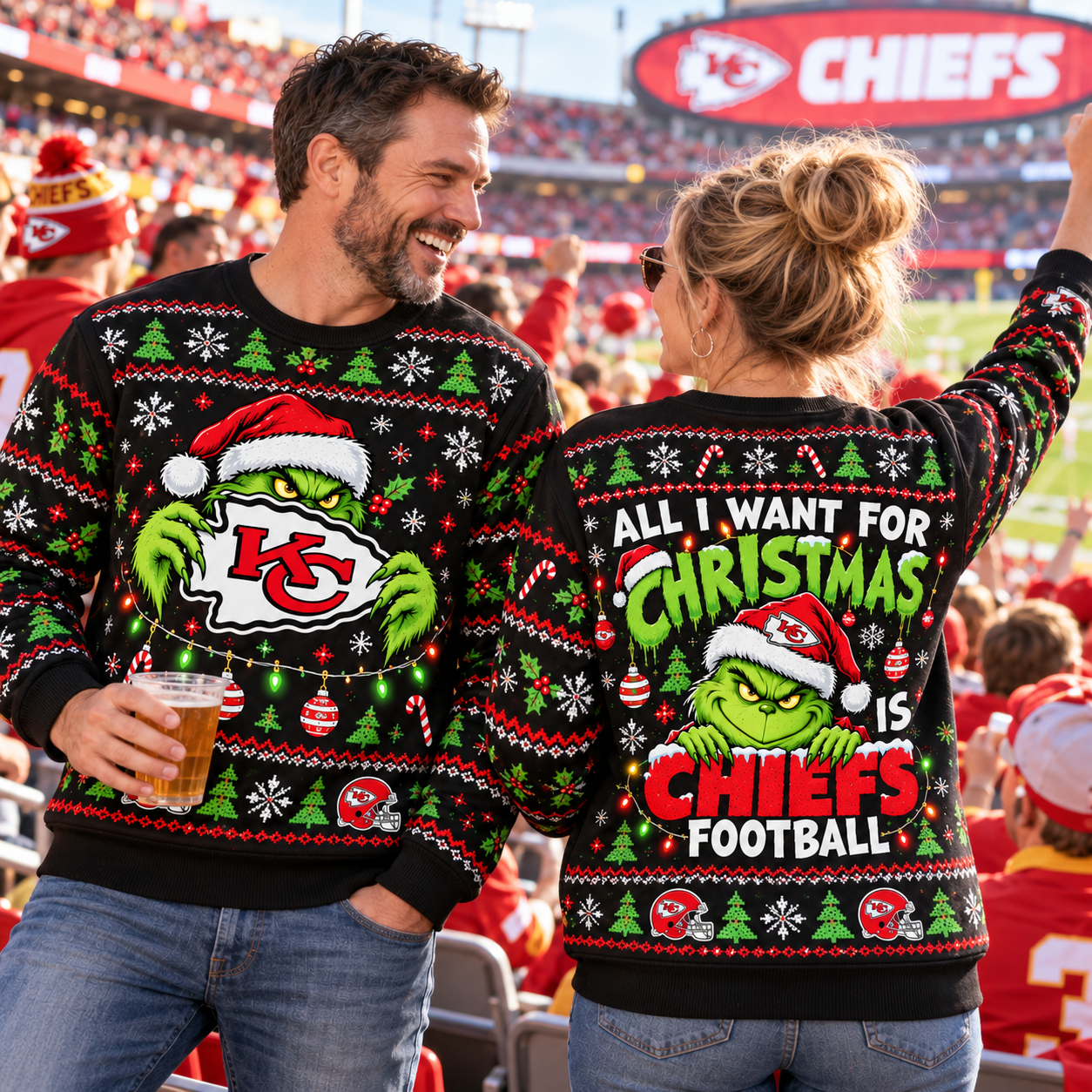 Kansas City Chiefs | Christmas Holiday Grinch Green Monster 3D Printed Ugly Sweatshirt