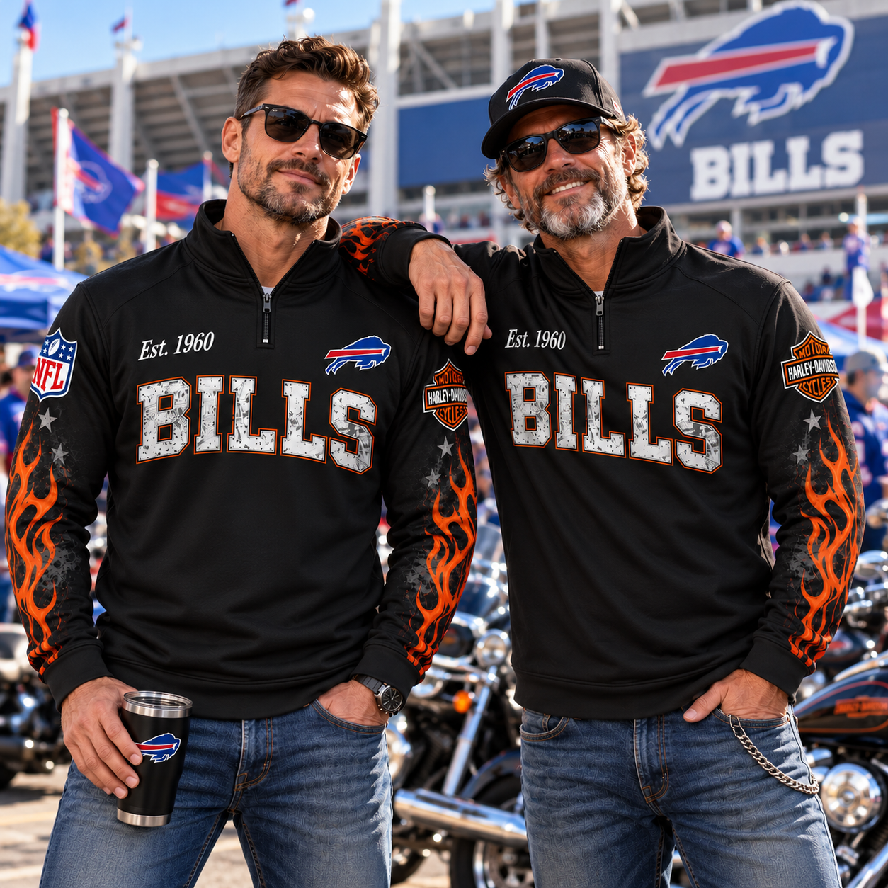 Buffalo Bills | Harley Christmas Biker Santa Flame Stand Game Day Collar Half Zip Sweatshirt