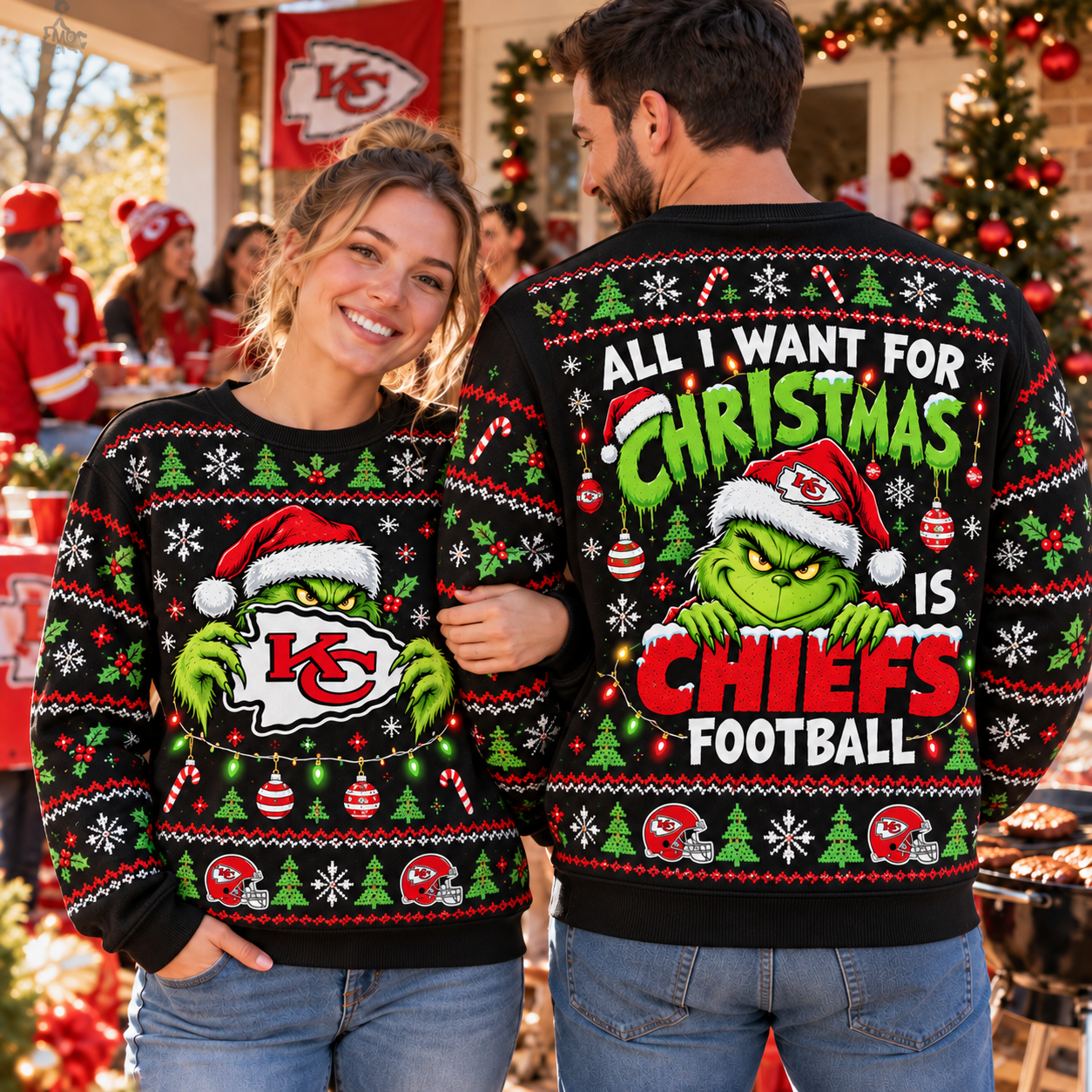 Kansas City Chiefs | Christmas Holiday Grinch Green Monster 3D Printed Ugly Sweatshirt