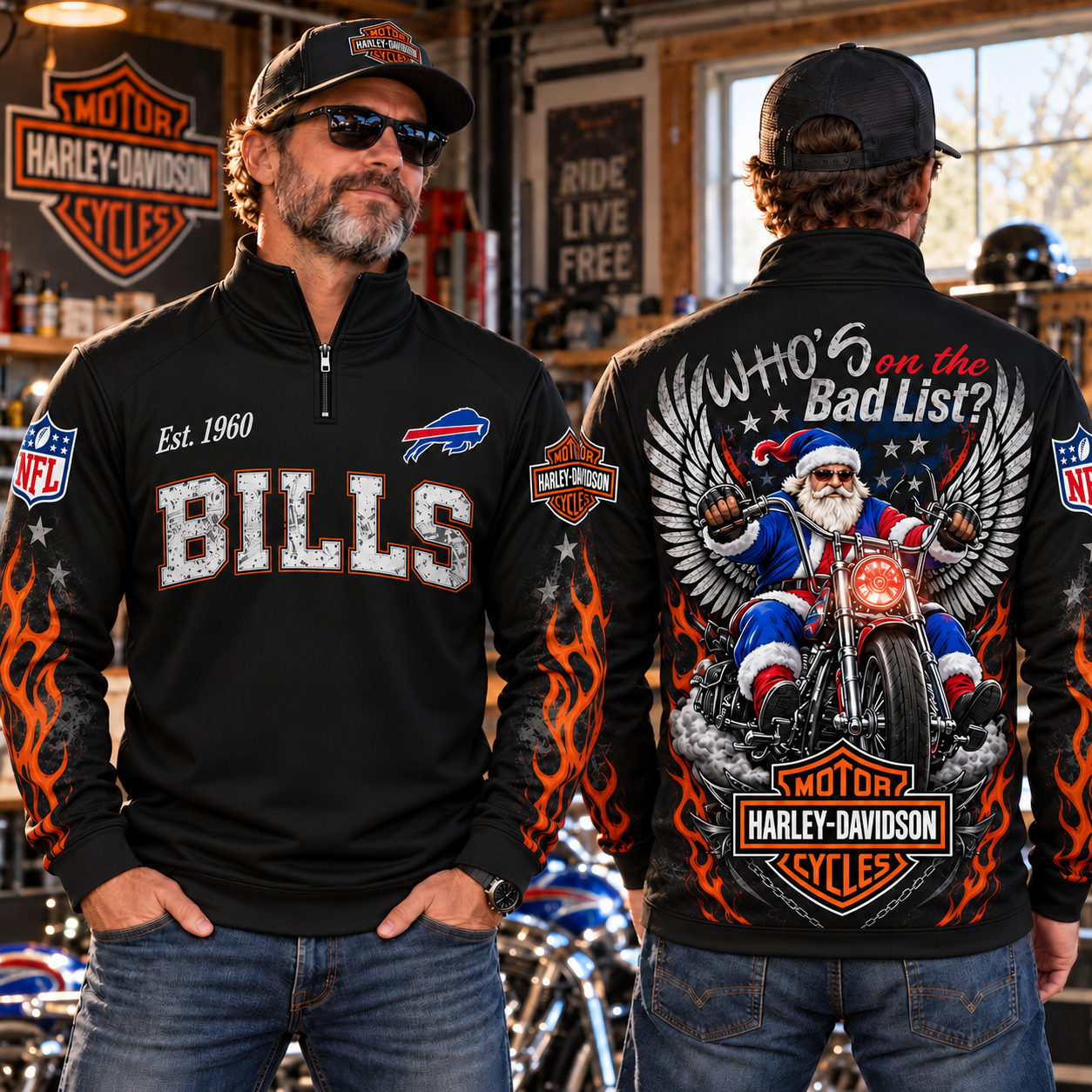 Buffalo Bills | Harley Christmas Biker Santa Flame Stand Game Day Collar Half Zip Sweatshirt