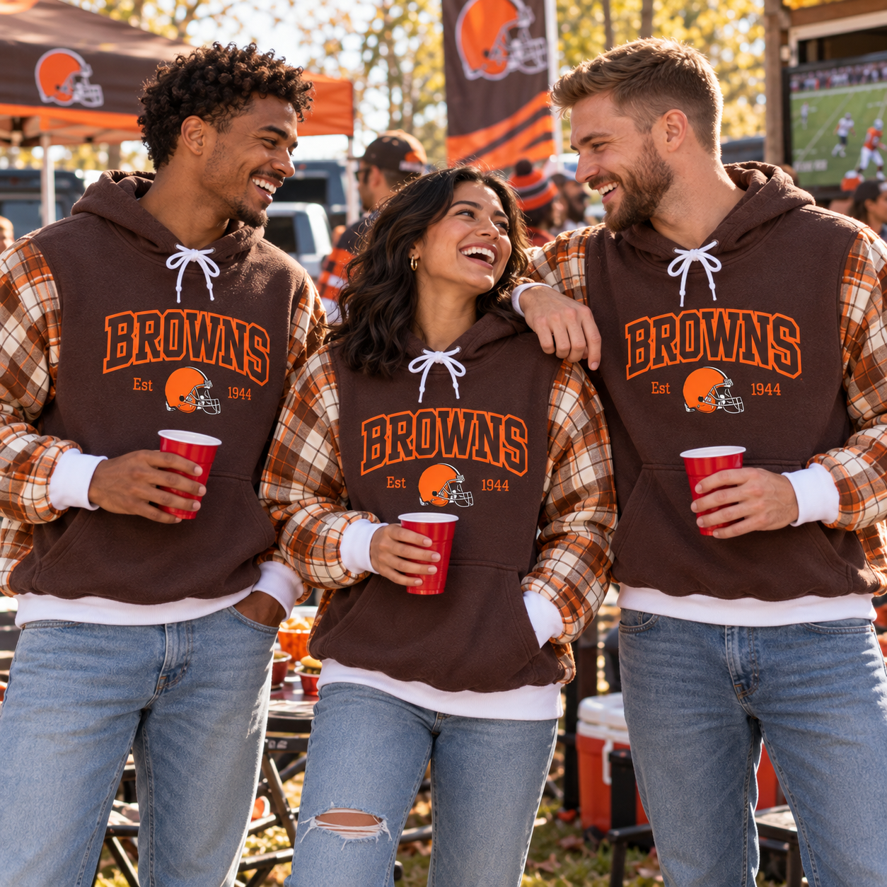 Cleveland Browns | Football Game Day Plaid Flannel Unisex Sleeve Pullover Hooded Sweatshirt