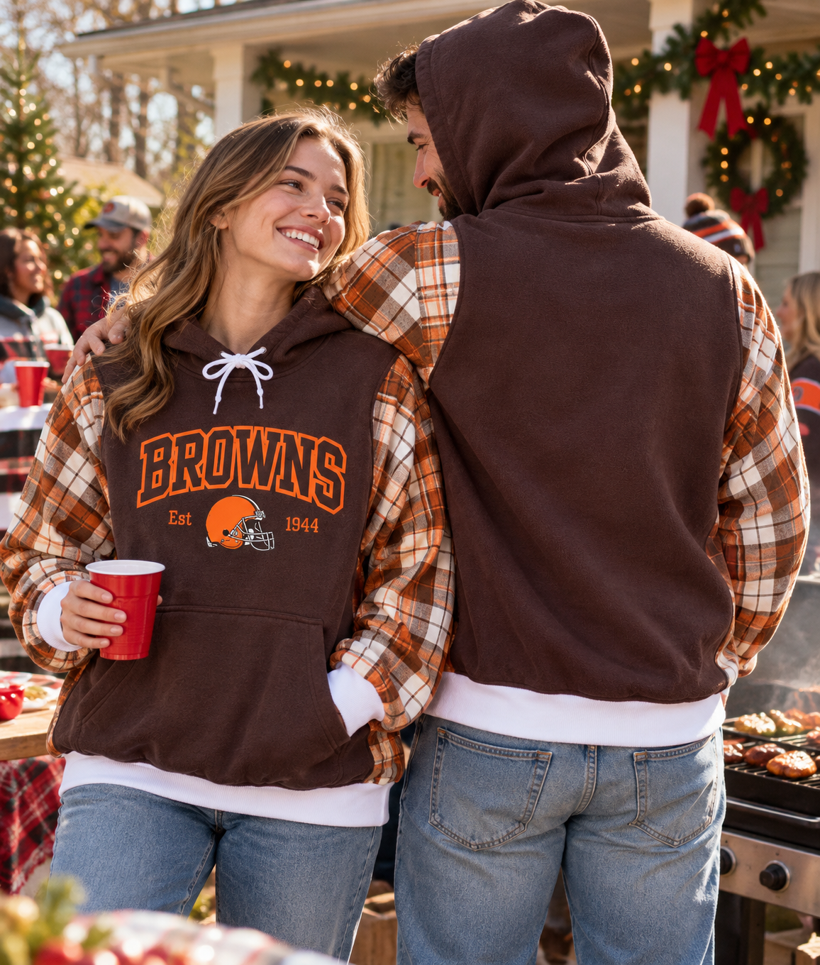 Cleveland Browns | Football Game Day Plaid Flannel Unisex Sleeve Pullover Hooded Sweatshirt