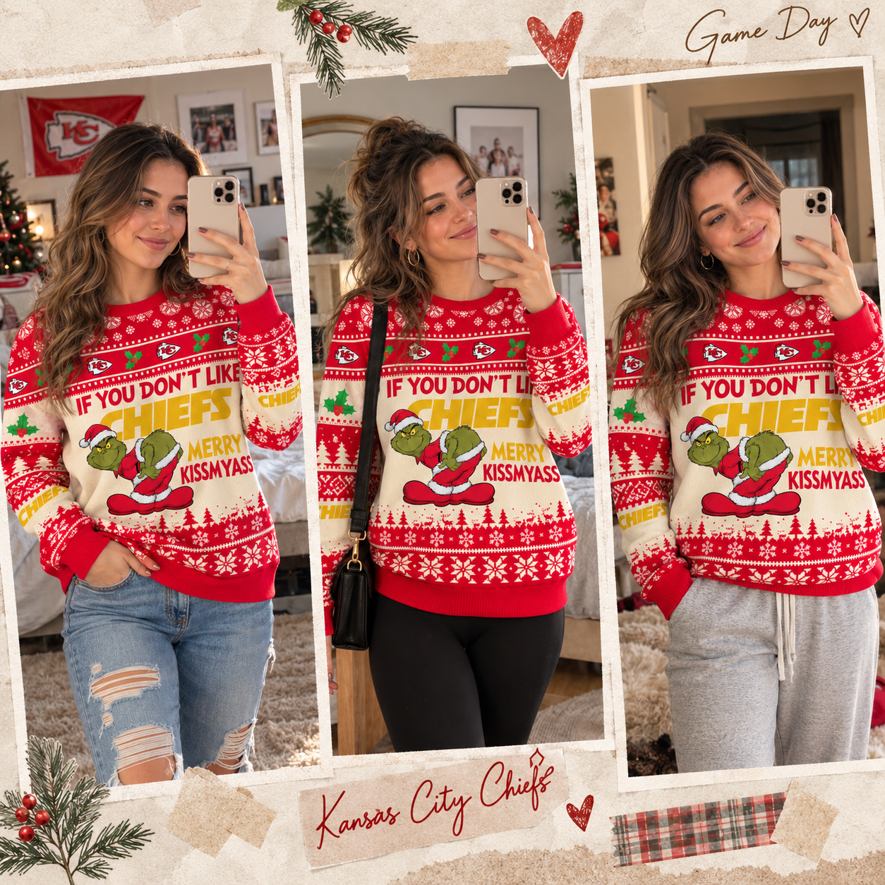 Kansas City Chiefs | Christmas Grinch Funny Quote Football Game Day Ugly Knitted Sweater