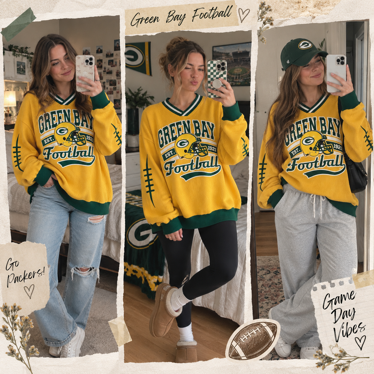 Green Bay Packers | Football Game Day Vintage Striped Woman V Neck Knitted Sweater Pullover