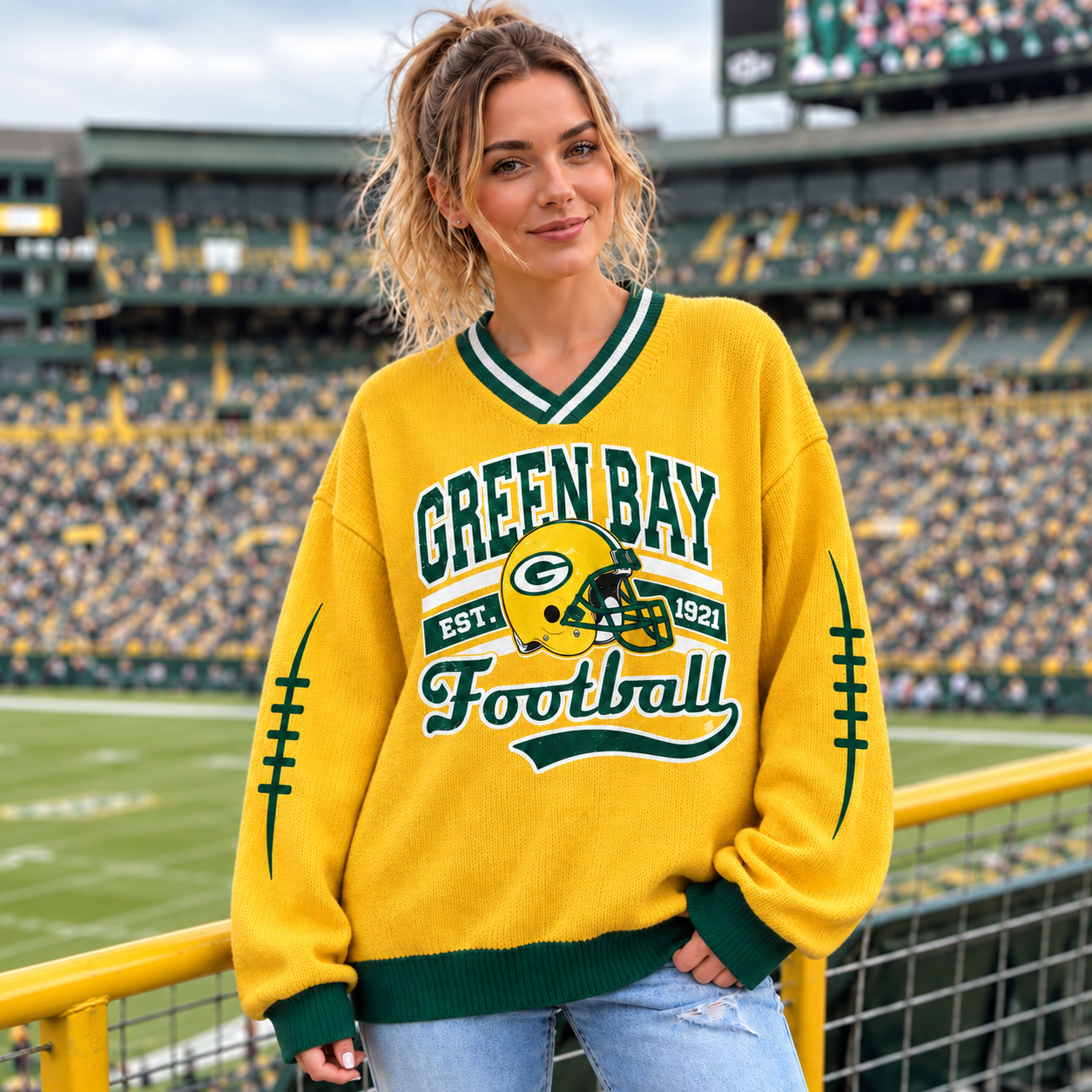 Green Bay Packers | Football Game Day Vintage Striped Woman V Neck Knitted Sweater Pullover