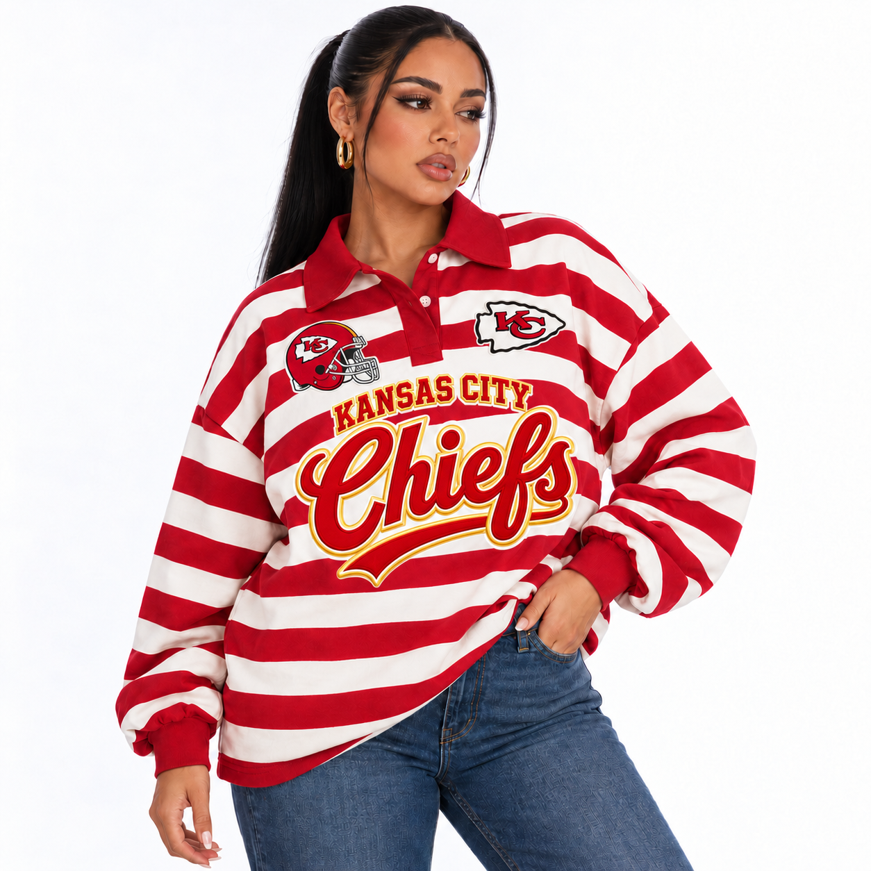 Kansas City Chiefs | Football Game Day Striped Unisex Long Sleeve Button Up Rugby Polo Shirt