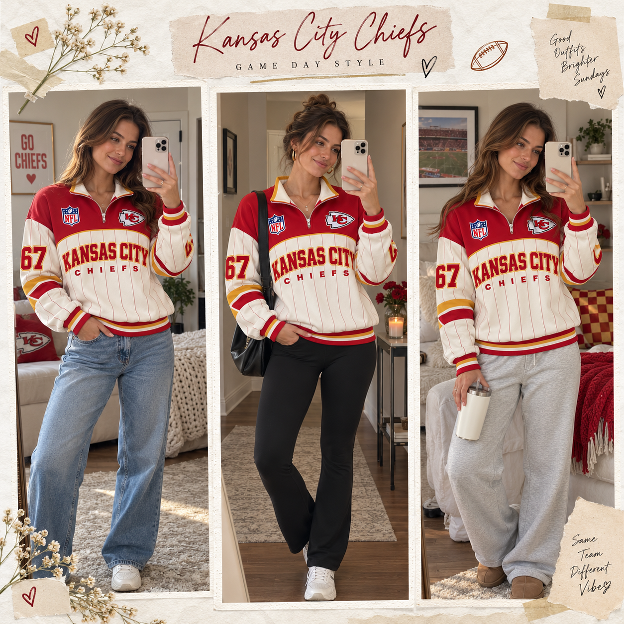 Kansas City Chiefs | Football Game Day Pinstripe Unisex Stand Collar Half Zip Pullover Sweatshirt
