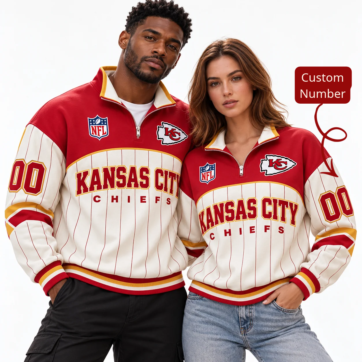 Kansas City Chiefs | Football Game Day Pinstripe Unisex Stand Collar Half Zip Pullover Sweatshirt