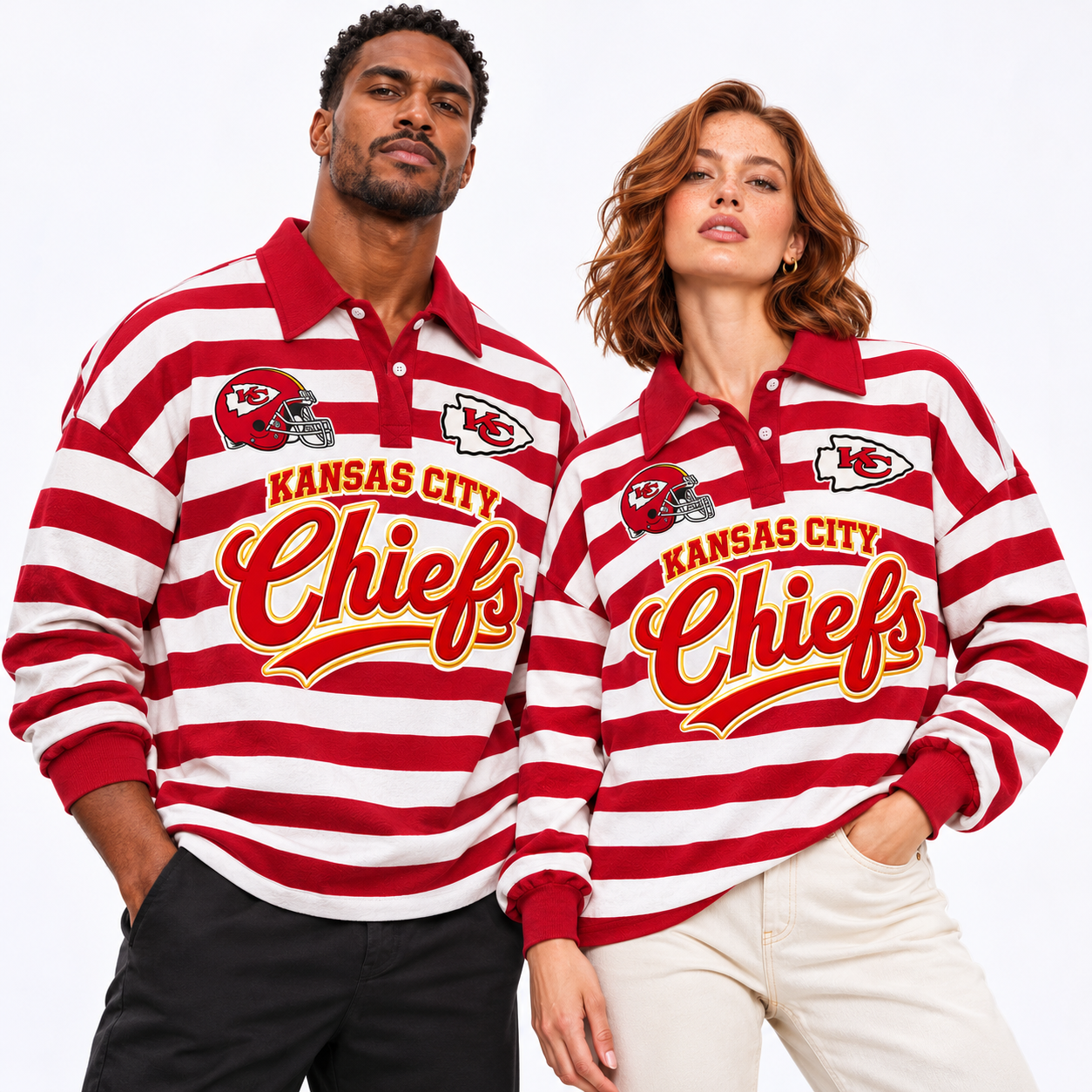 Kansas City Chiefs | Football Game Day Striped Unisex Long Sleeve Button Up Rugby Polo Shirt