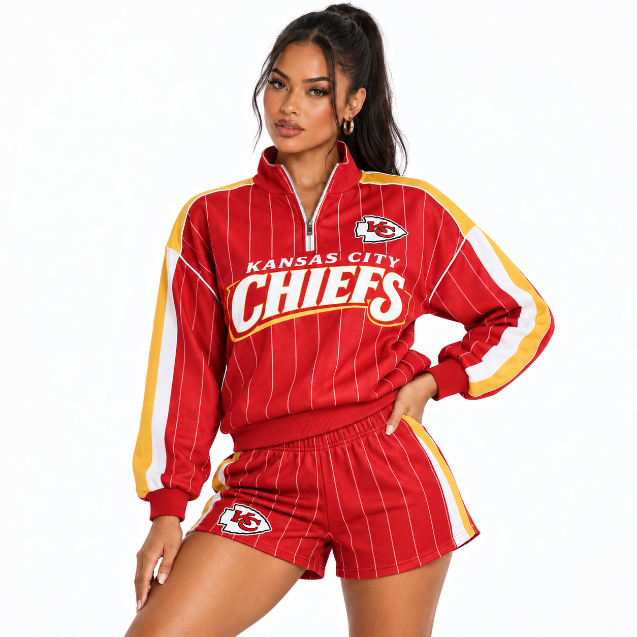 Kansas City Chiefs | Women Football Game Day Pinstripe Half Zip Sweatshirt And Shorts Set
