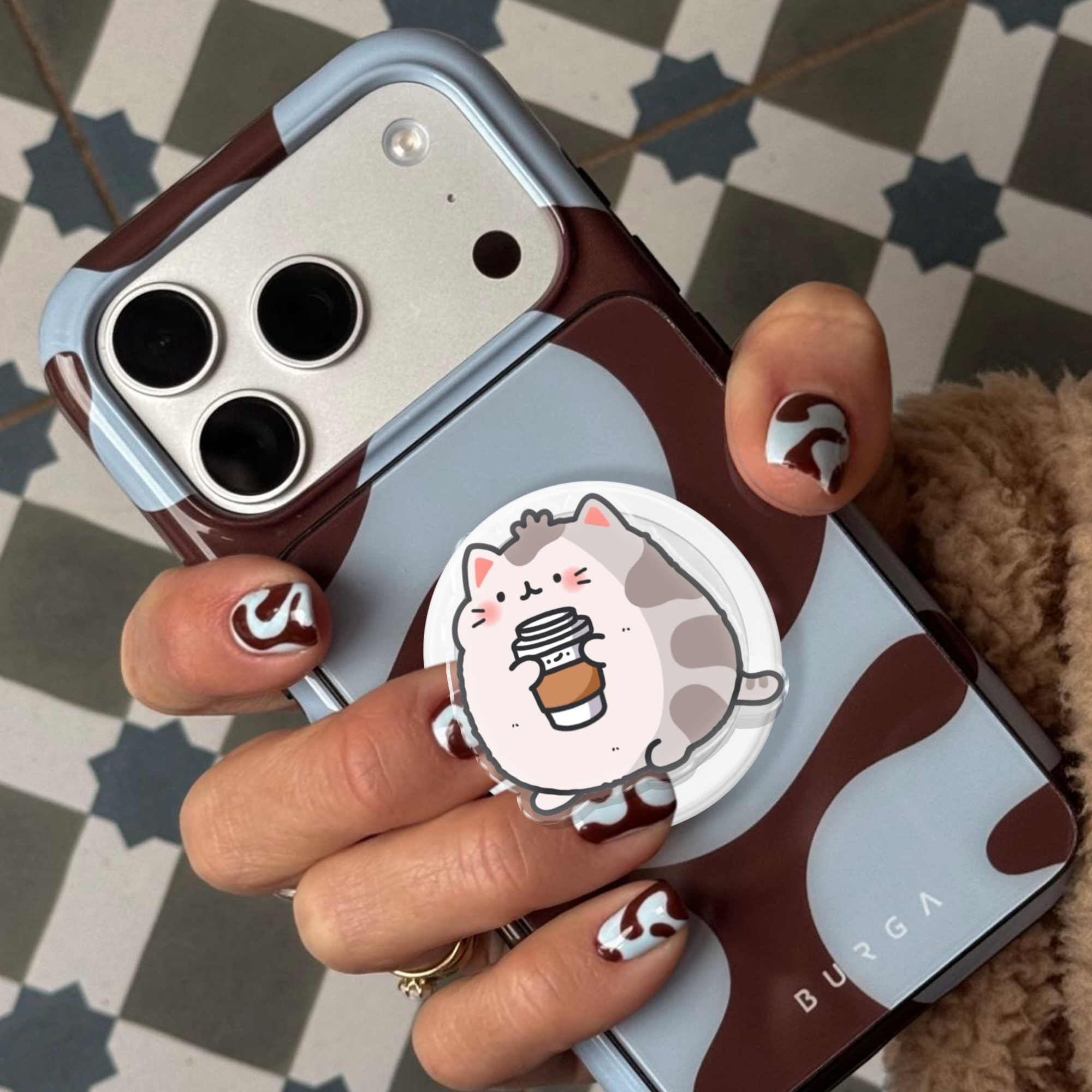 Whimsical Coffee Cup Cat Snap Cozy Magnetic Phone Grip