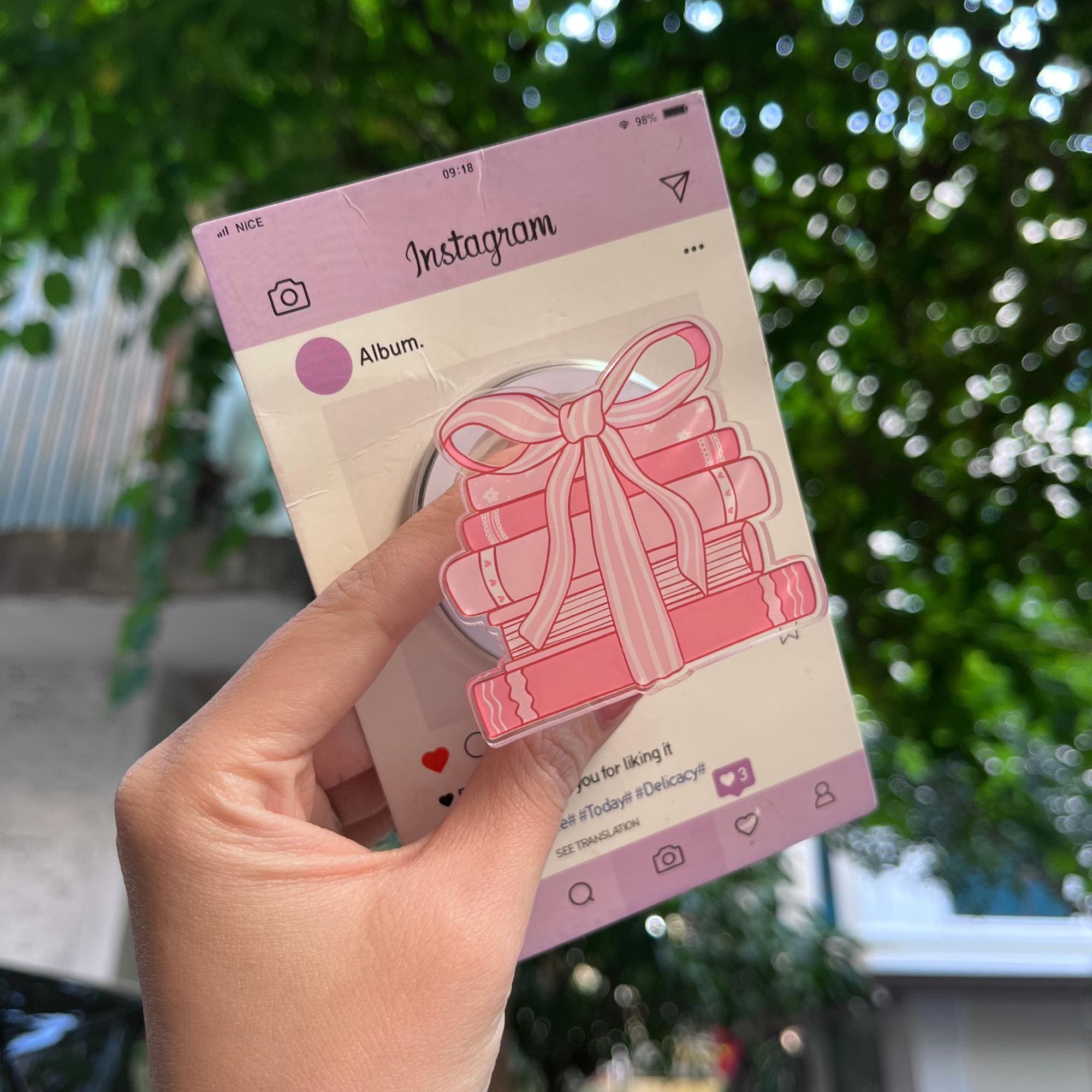 Pink Ribbon Gift Stack Cute Phone Grip for Book Lovers