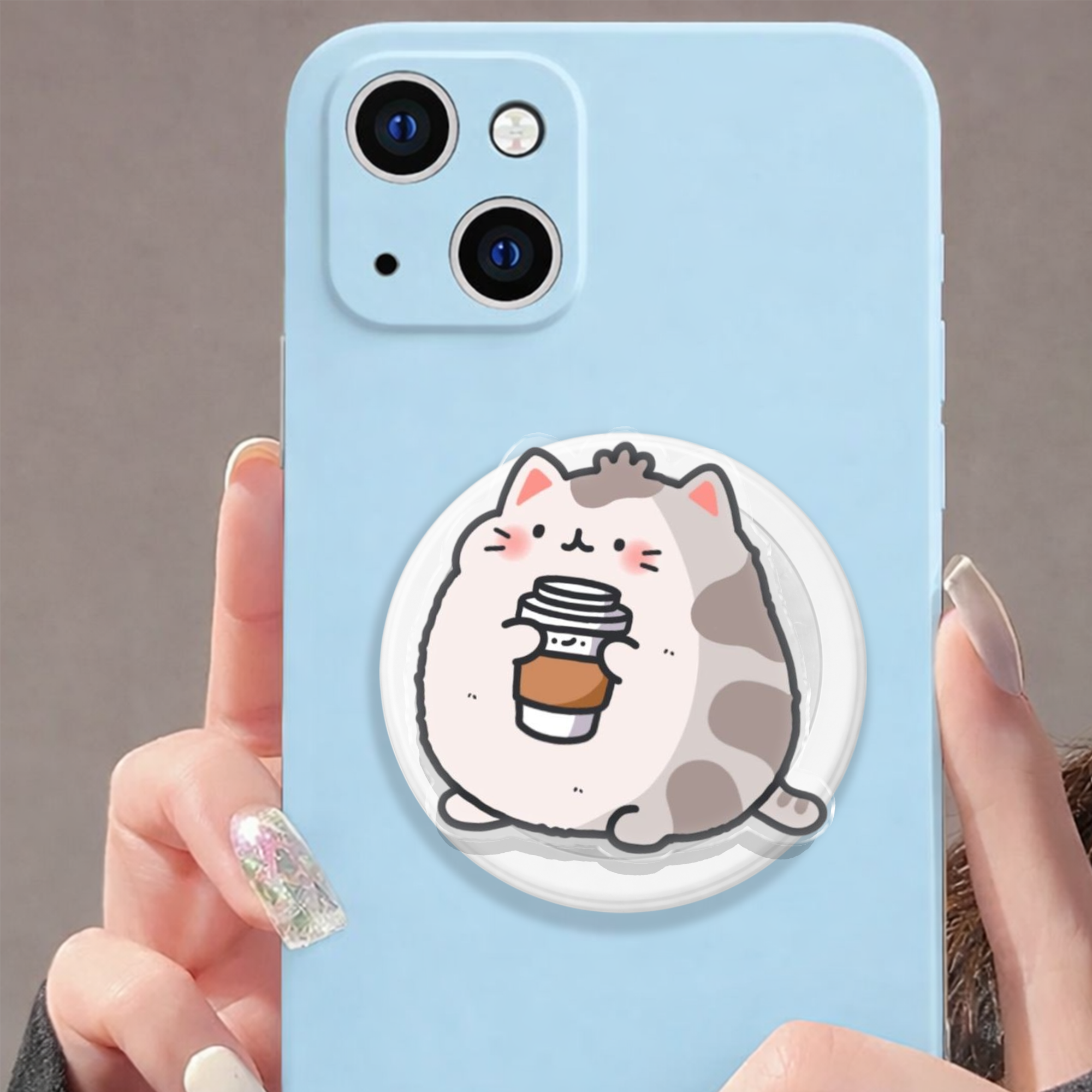 Whimsical Coffee Cup Cat Snap Cozy Magnetic Phone Grip